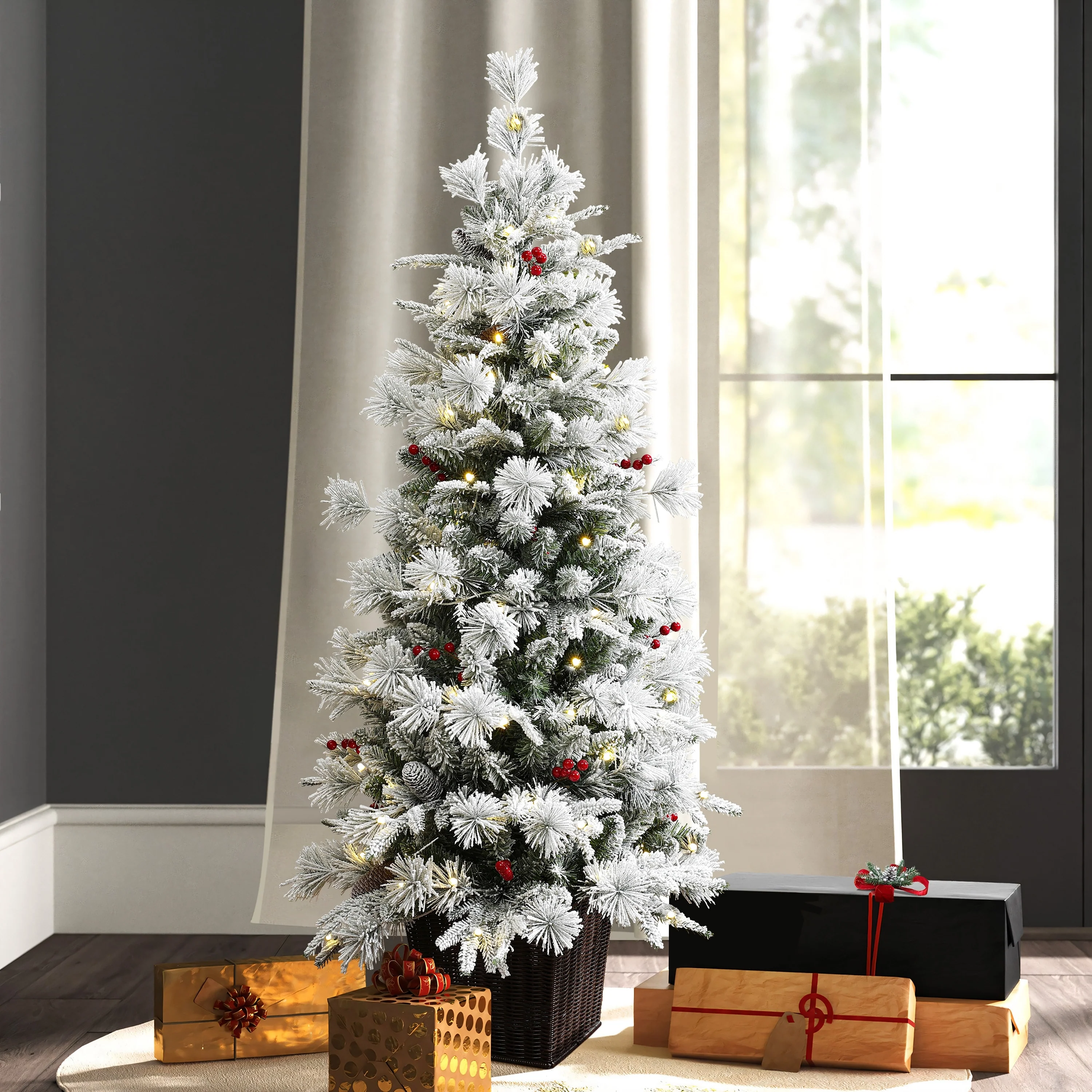4.5Ft Pre-Lit Snow Flocked Full Pine Potted Artificial Christmas Tree - 54