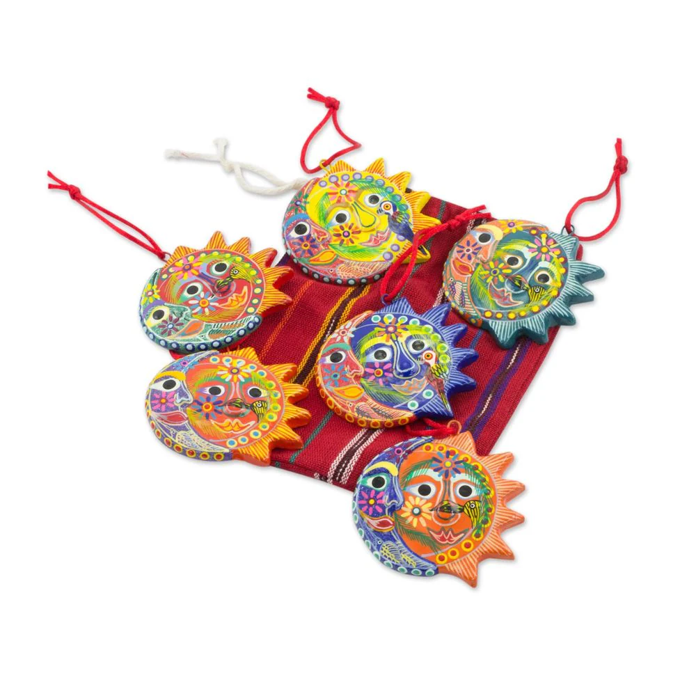 Handmade Set of 6 Ceramic Ornaments, 'Flower Eclipse' (Guatemala)