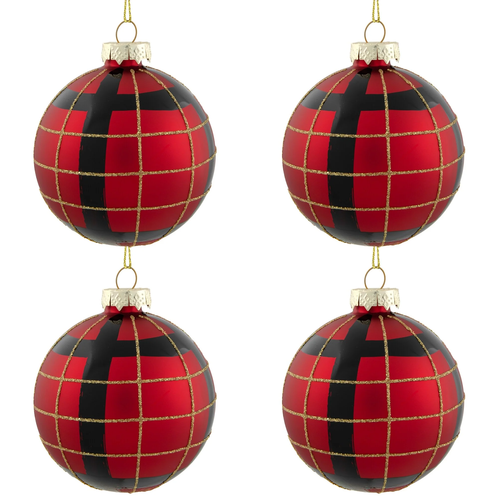 4ct Red, Black and Gold Plaid Glass Ball Christmas Ornaments 3.25