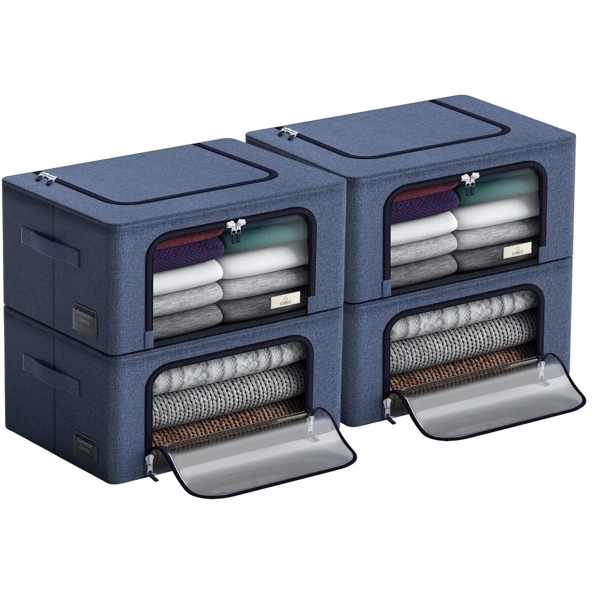 Sorbus Storage Bins with Metal Frame Stackable Foldable Clothes Organizer Bags Oxford Fabric & Clear Window & Handles- 4Pk