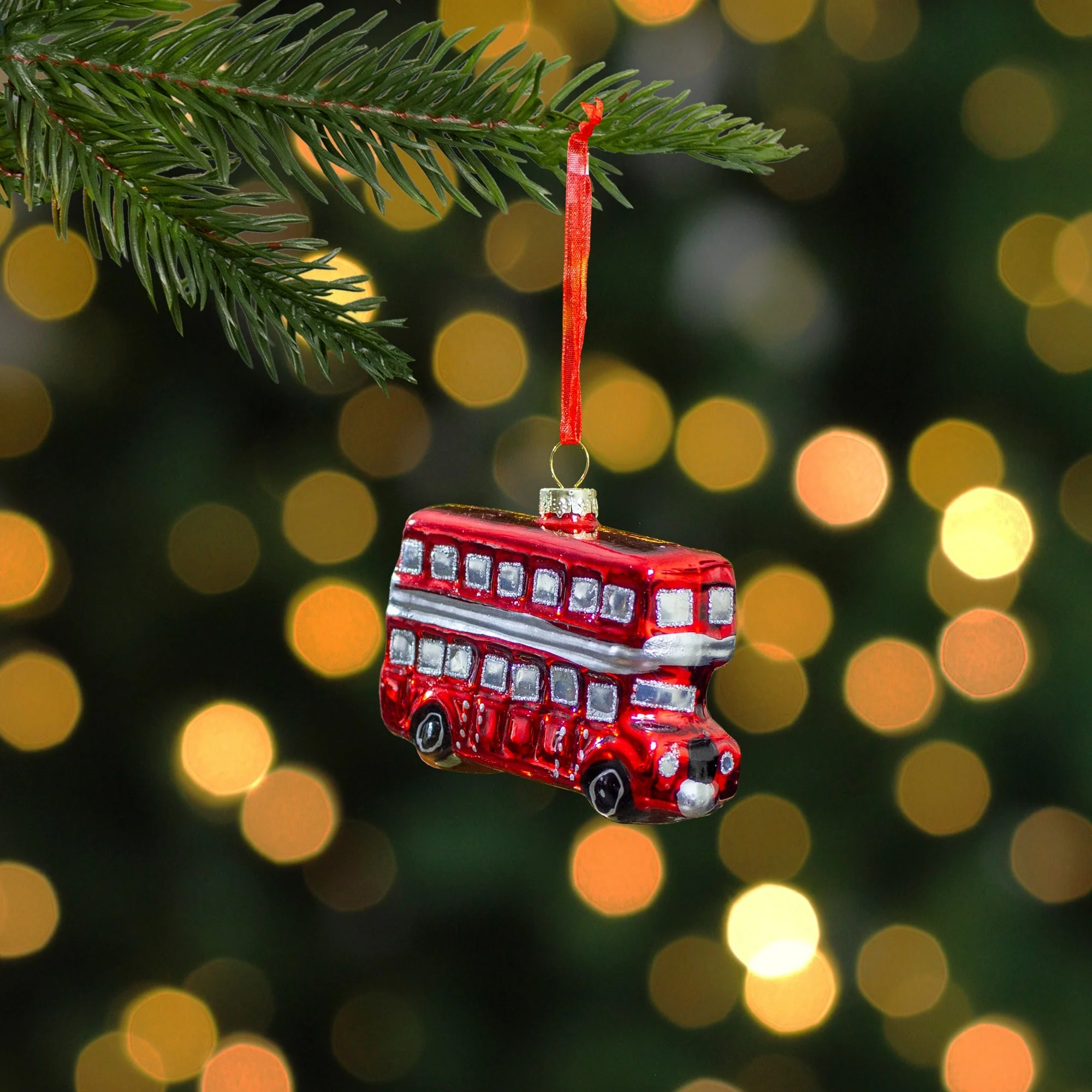 Double Decker Bus Glass Christmas Ornament - 3.75