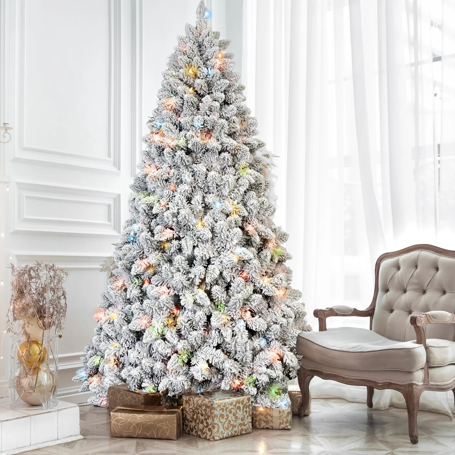 5FT Flocked Christmas Tree with 300 Colorful UL Lights and 27 Natural Pine Cones-600 Snowy PVC Tips, Hinged Branches