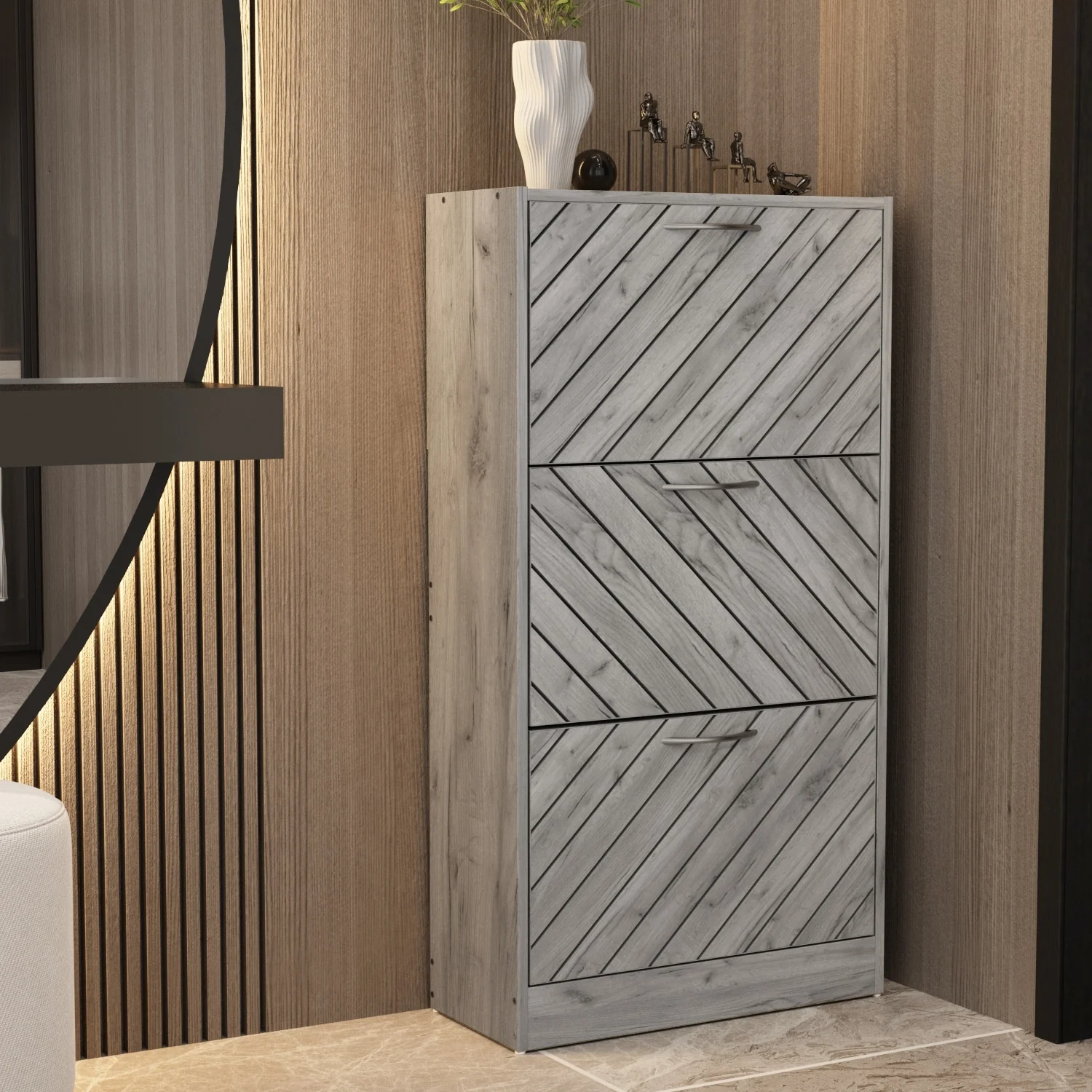 Kerrogee 18-Pair Shoe Storage Cabinet with 3 Flip Drawers Wood/ Grey