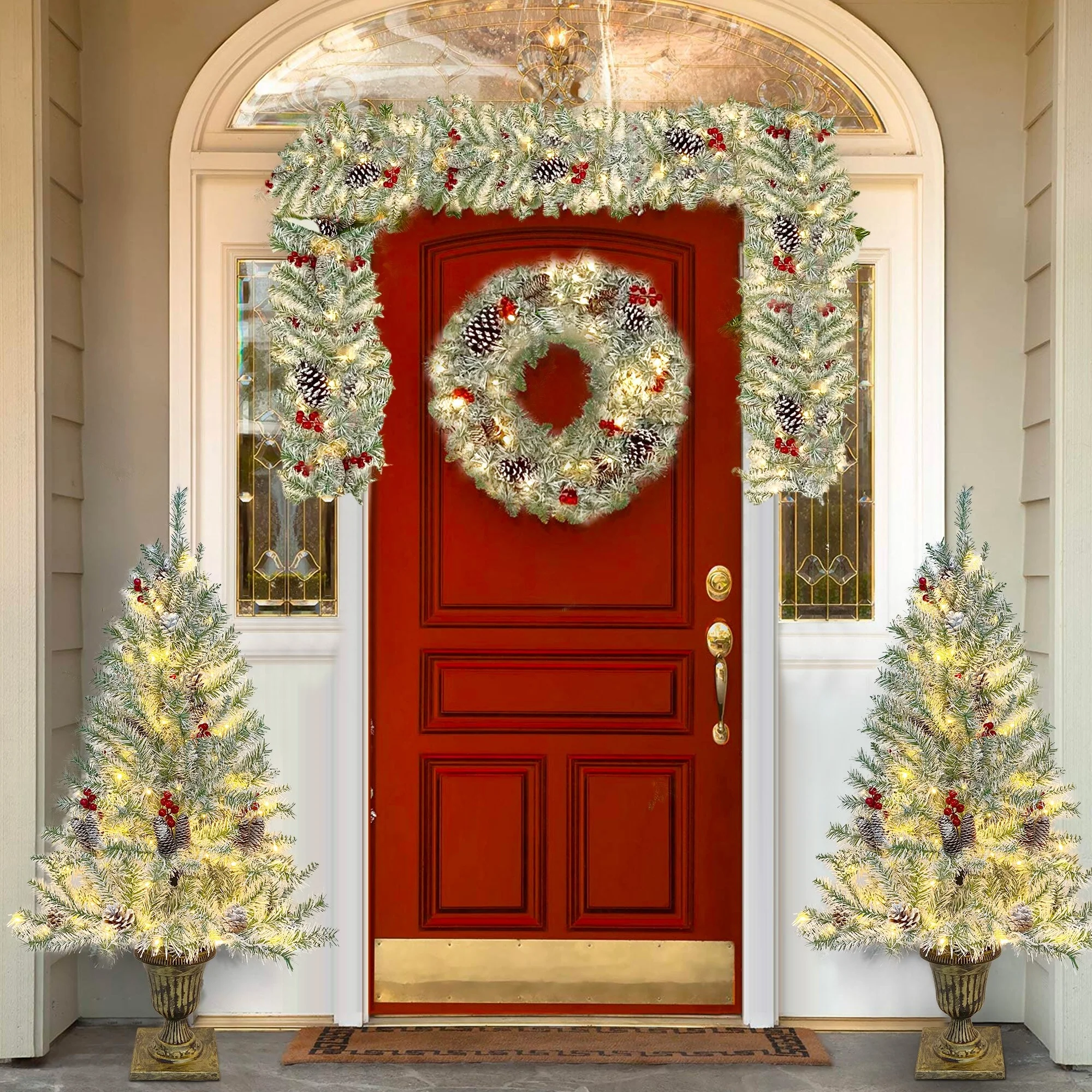 4-Piece Christmas Decor Set with Warm LED Lights, Tree, Garland, Wreath and Entrance Trees, for Home Holiday Decoration
