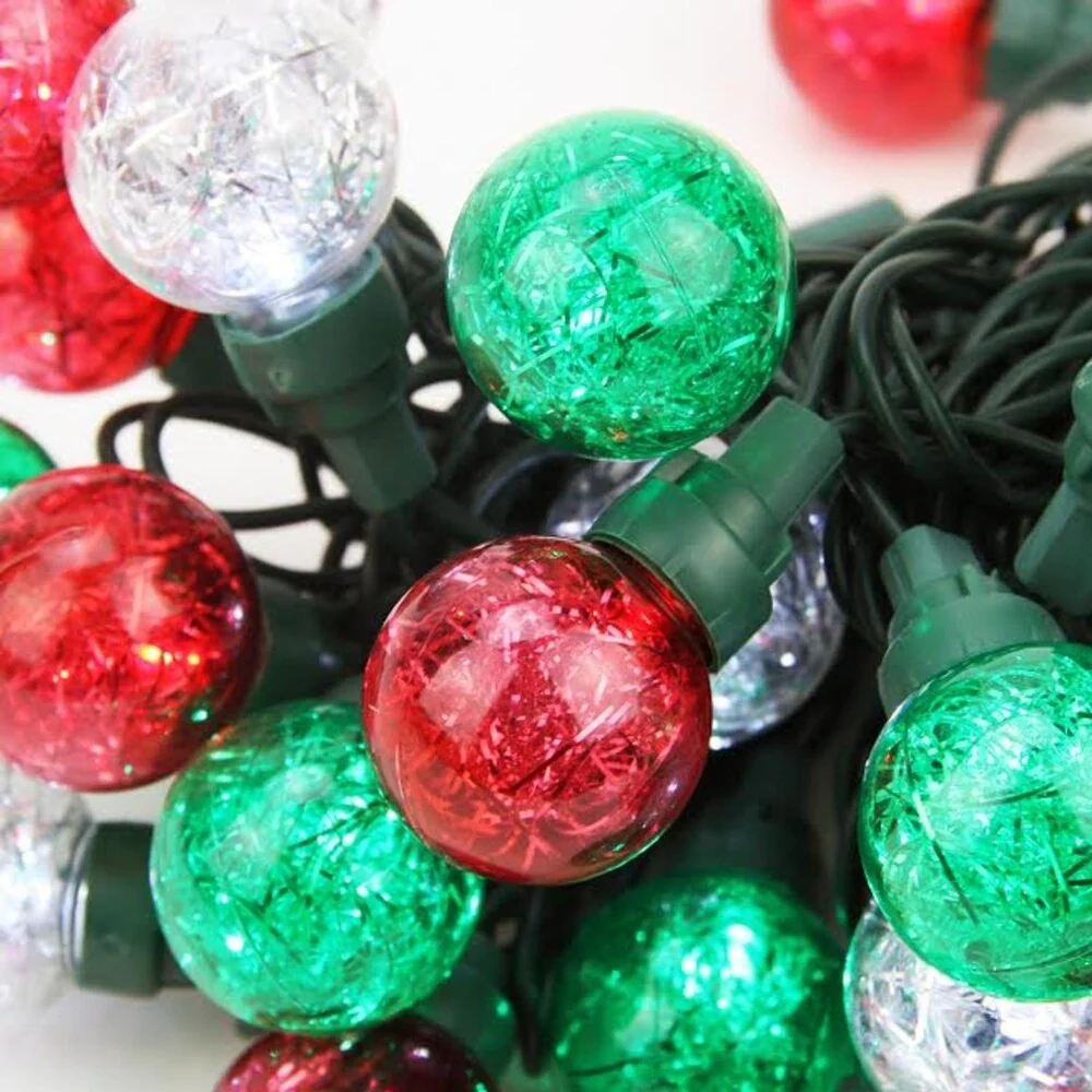 Set of 25 Red Green and Pure White Tinsel Wide Angle LED G30 Globe Christmas Lights - Green Wire