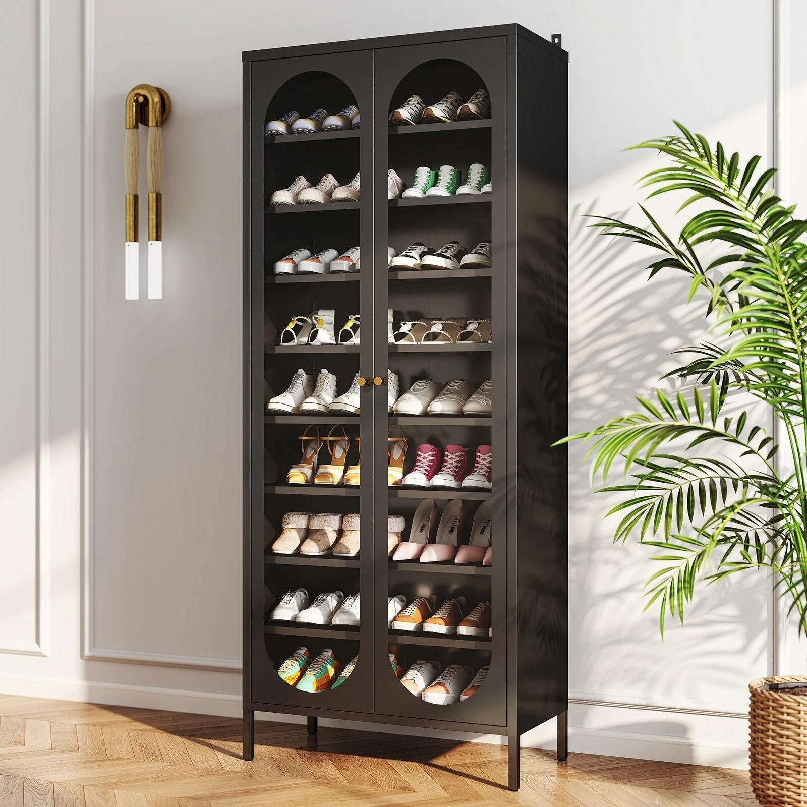 9-Tier Shoe Storage Cabinet with Glass Doors & Adjustable Shelves - 67