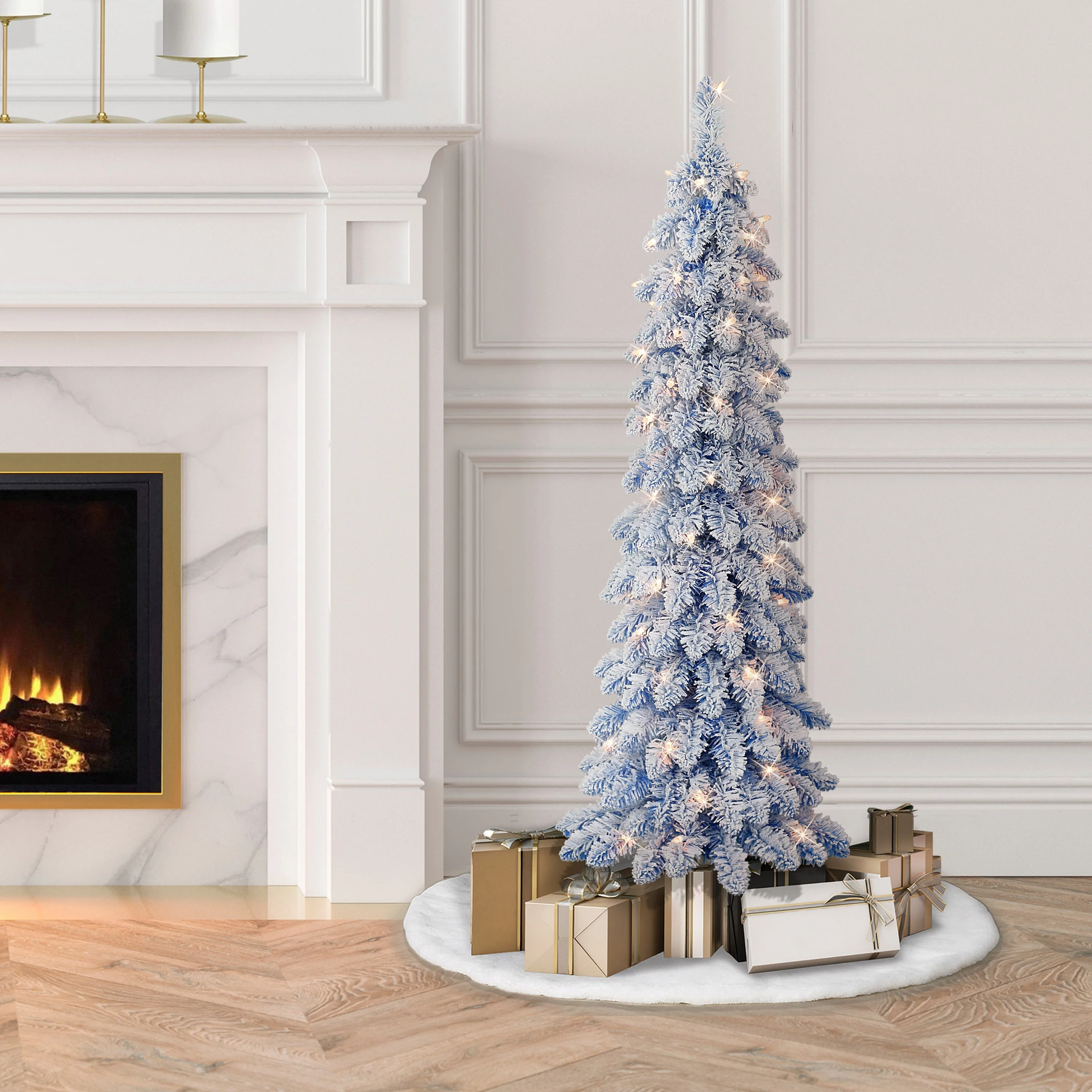Puleo International 4 ft. Pre-Lit Flocked Blue Artificial Alpine Pencil Tree