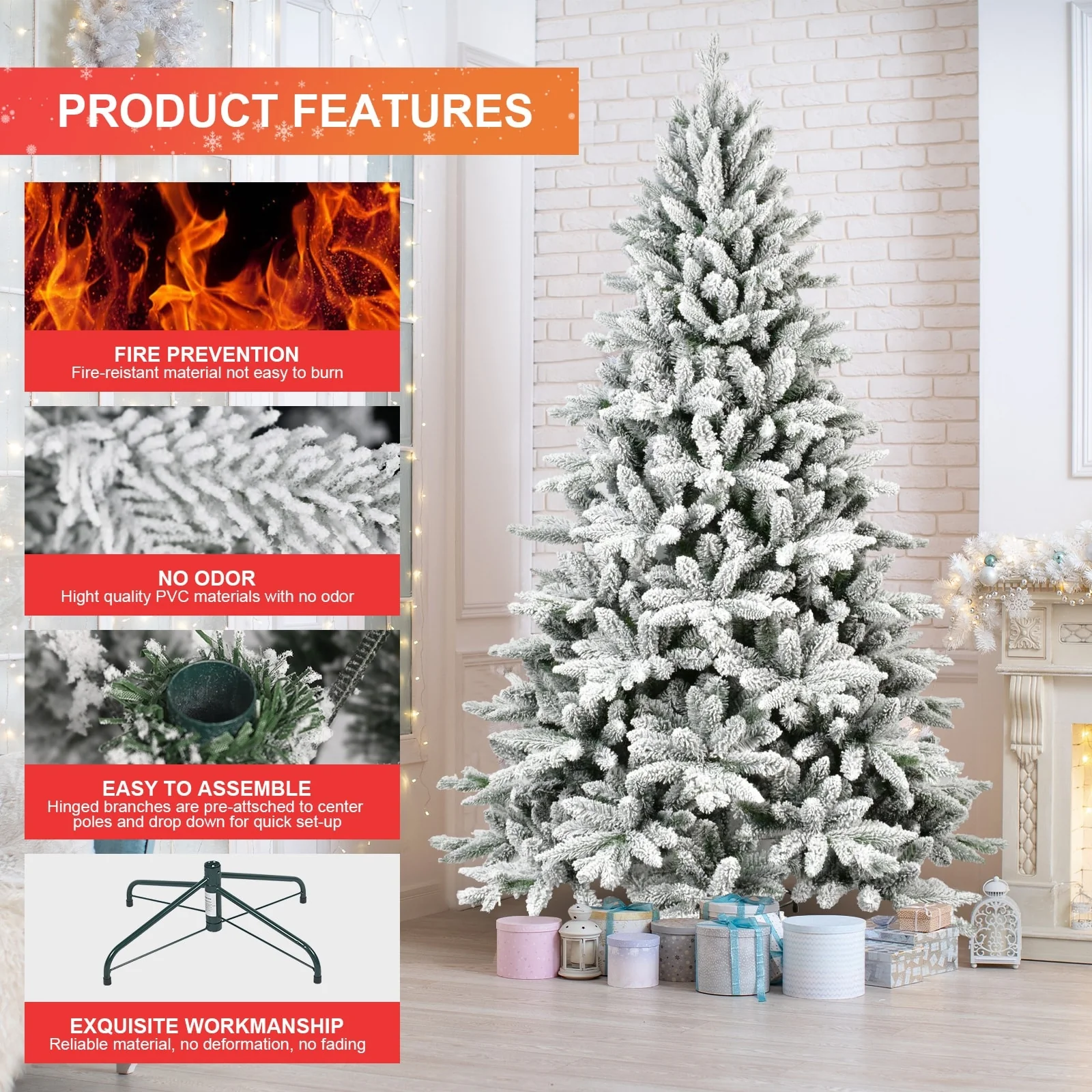 7FT Artificial Flocked Christmas Tree, PE & PVC Leaves, Full & Fluffy with Thickened Stand, Quick Setup
