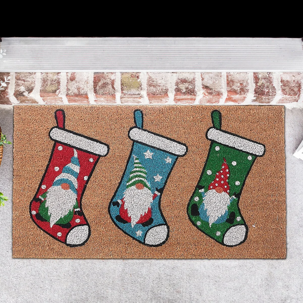 Christmas Coir Door Mat Gnome On Stockings