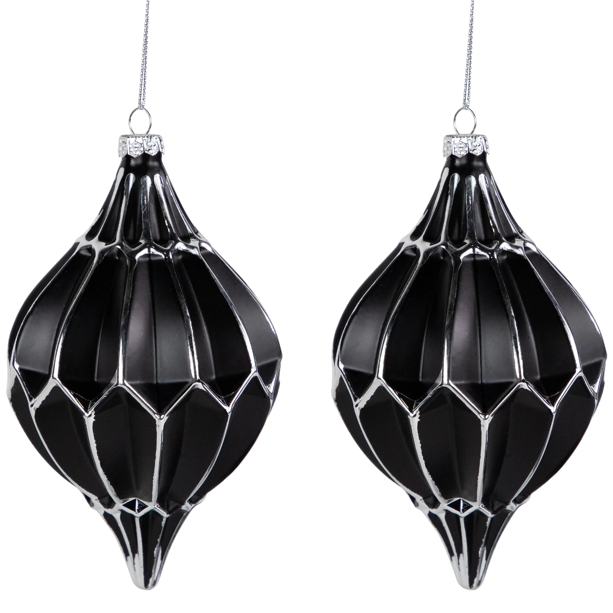 Set of 2 Matte Black and Silver Finial Christmas Glass Ornaments 5