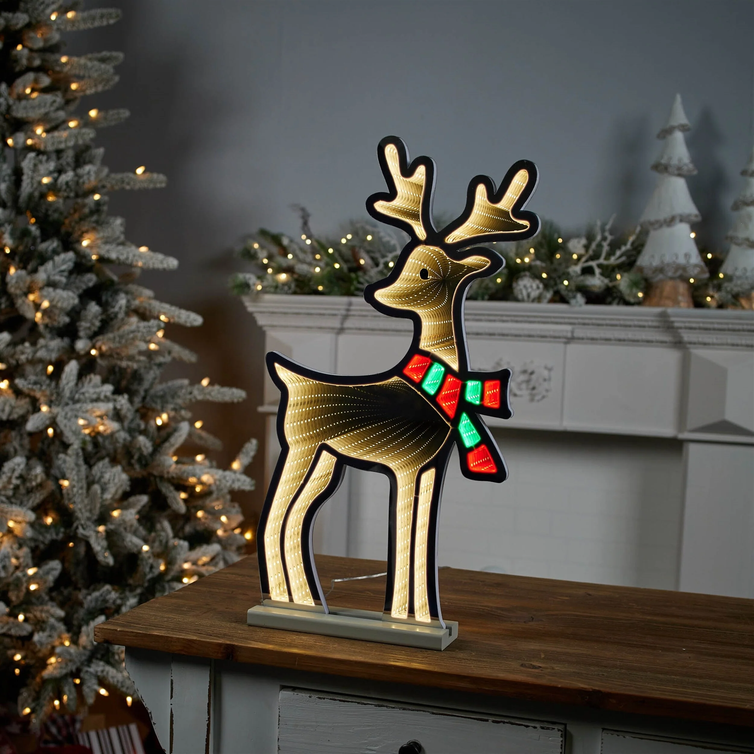 Red-White Acrylic Plastic Deer with Scarf and Infinity Light Display - 13.25” x 2.75” x 23.5” (L x W x H)