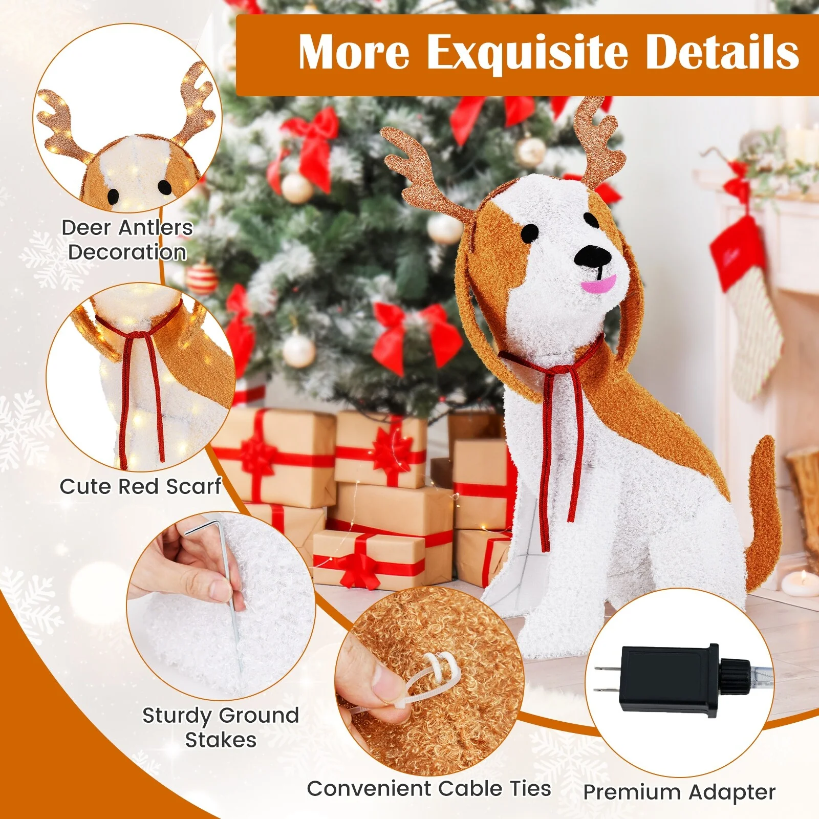 Gymax Lighted Christmas Dog w/ LED Lights 4 Ground Stakes Cable Tiers - Brown - See Details