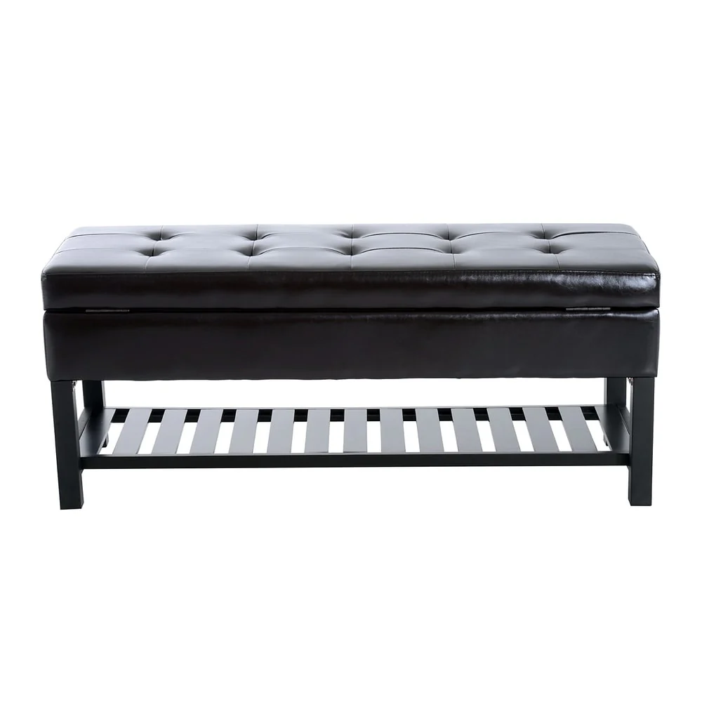 Porch & Den Westfield Brown Faux Leather Tufted Shoe Rack Ottoman Storage Bench