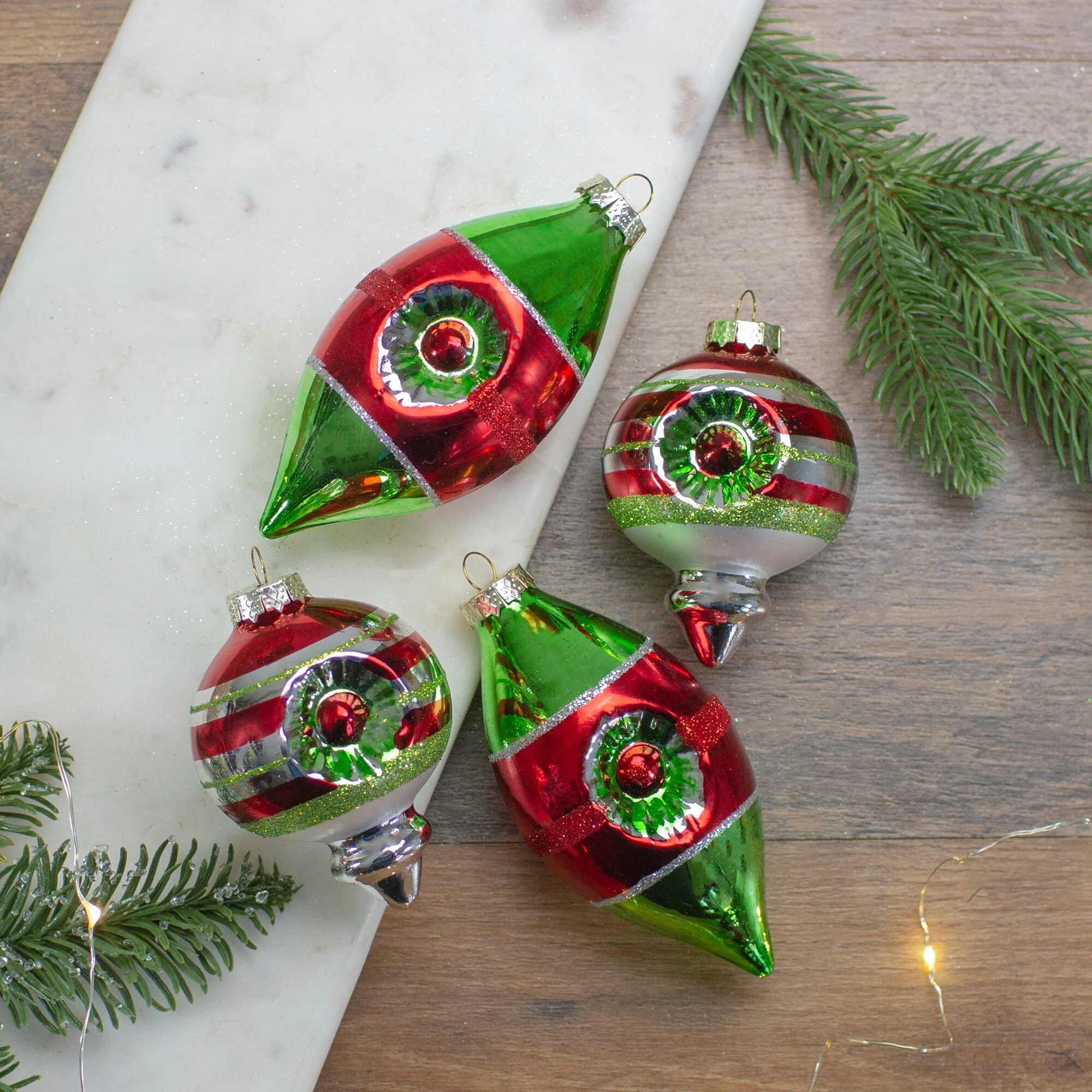 4ct Red Green Silver Vintage Glass Christmas Ornaments 3.25-Inch