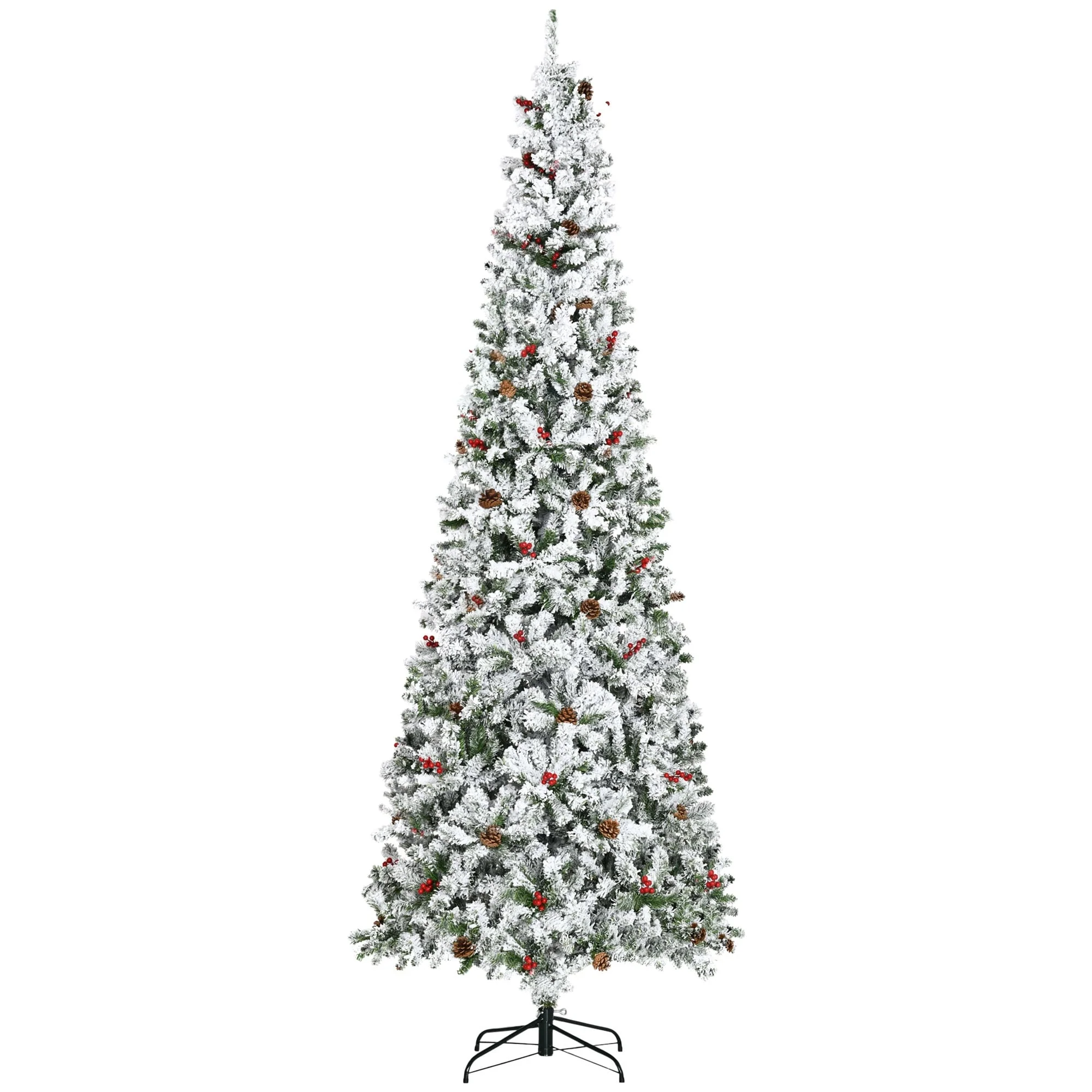 9' Tall Snow Flocked Artificial Pencil Christmas Tree with Pine Cones, Red Berries, and Auto-Open Branches