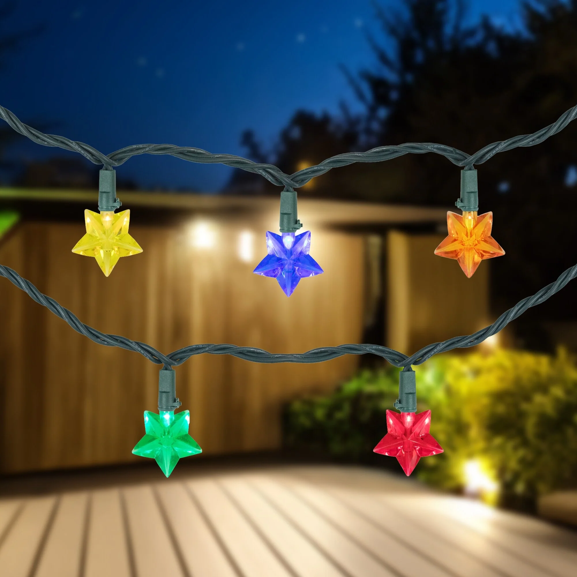 20-Count Multi-Colored Star Shaped LED Light Set- 4.5ft Green Wire