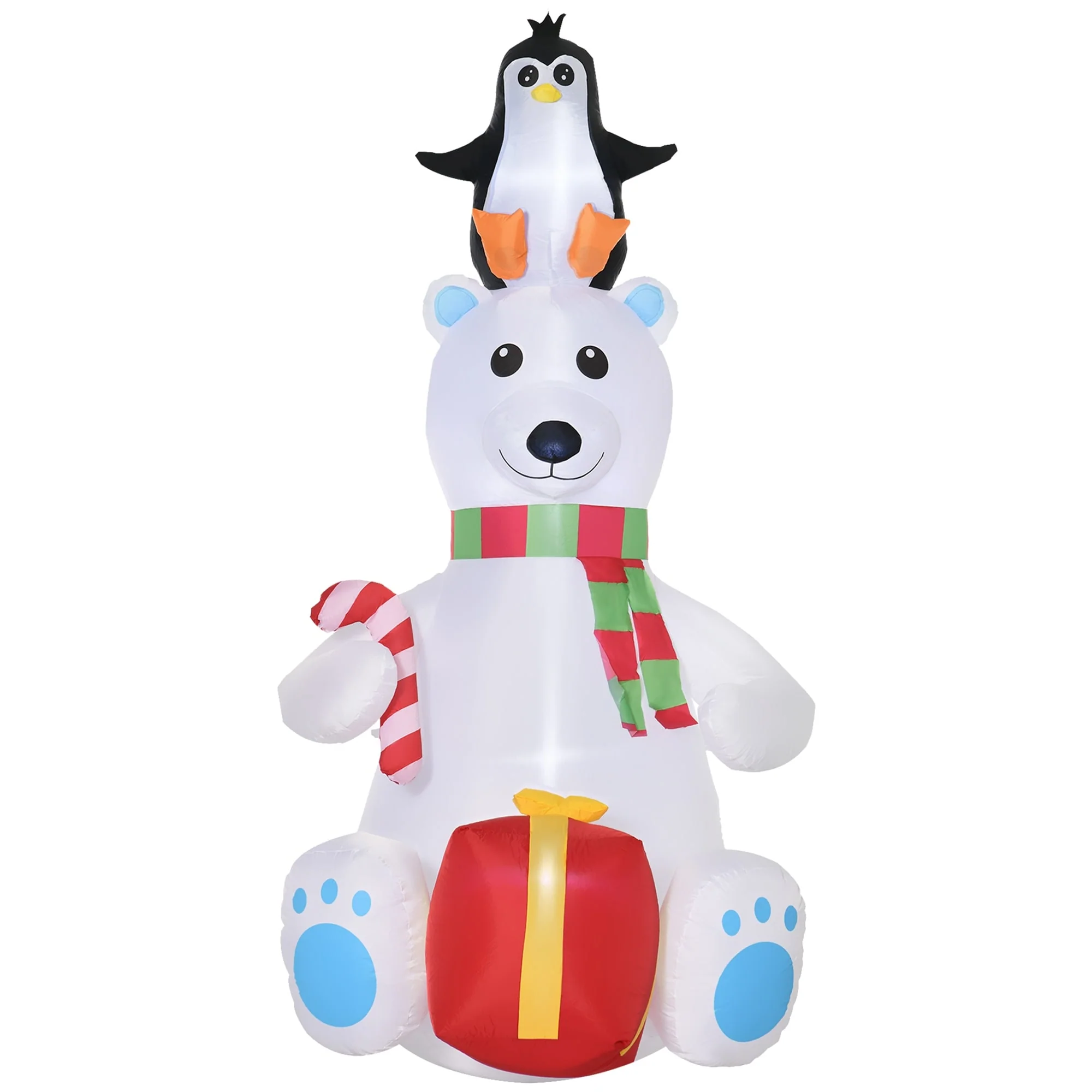Outsunny 7ft Christmas Inflatable Polar Bear with Penguin on Head with Candy Cane and Gift Box, Blow-Up Outdoor LED Yard