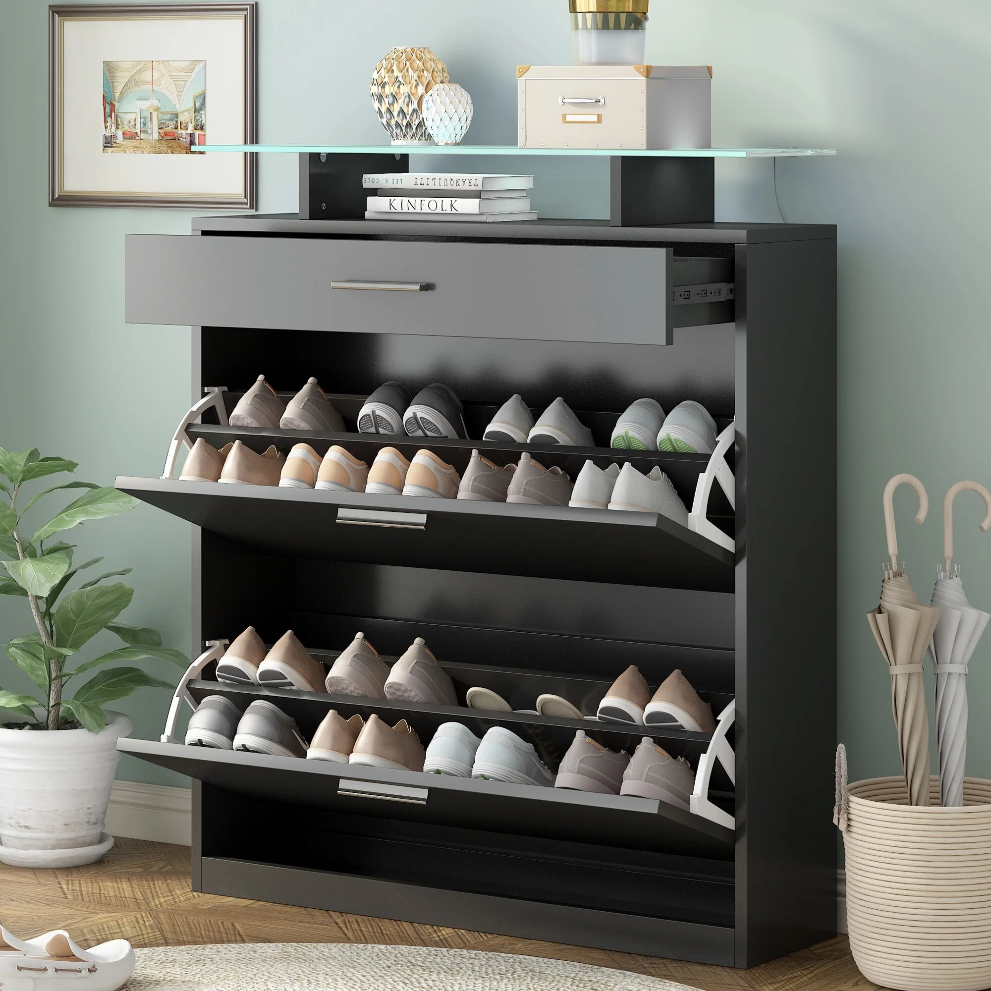 ON-TREND Slim Entryway Organizer with LED Light, two Flip Drawers, and Tempered Glass Top