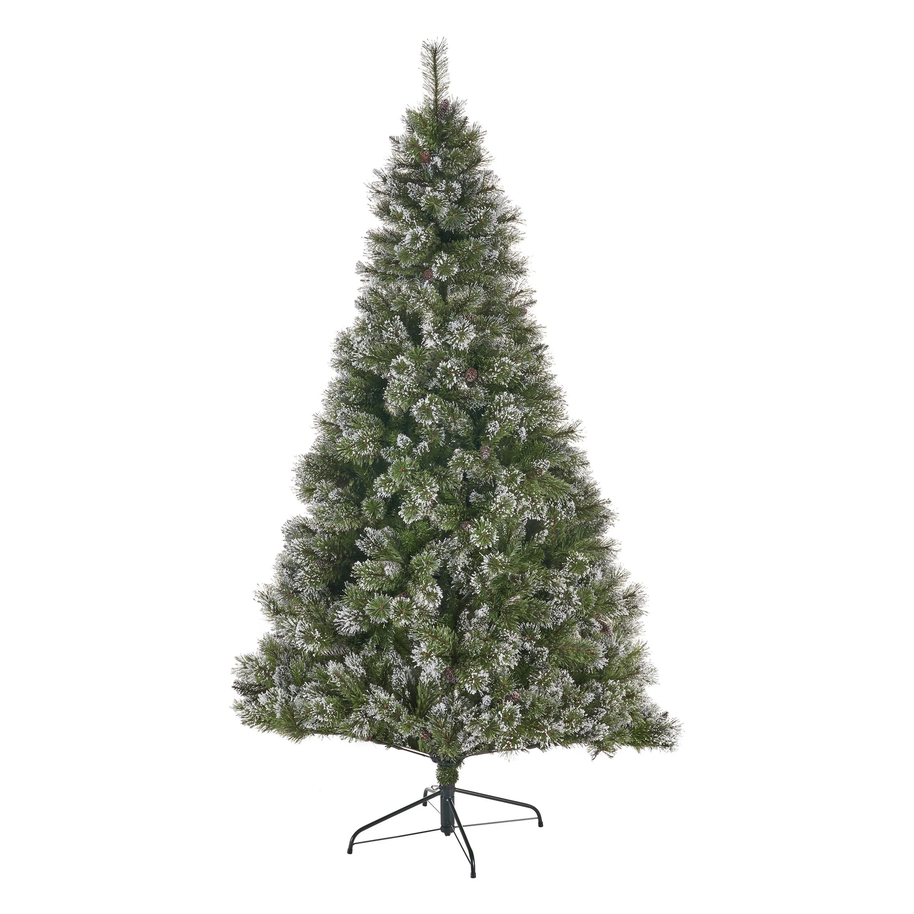 7.5' Snow and Glitter Brilste Christmas Tree with 86 Frosted Pine Cones, Hinged Design, and Iron Stand