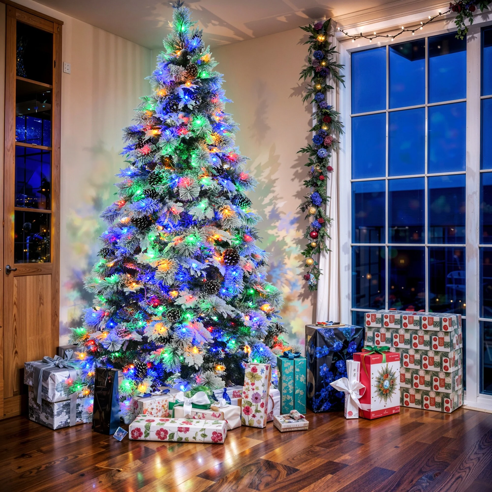 Vivid 7.5FT Pre-Lit Spruce Christmas Tree, Snow Flocked with Pine Cones, 11 Flashing Modes and Multi-Color Lights