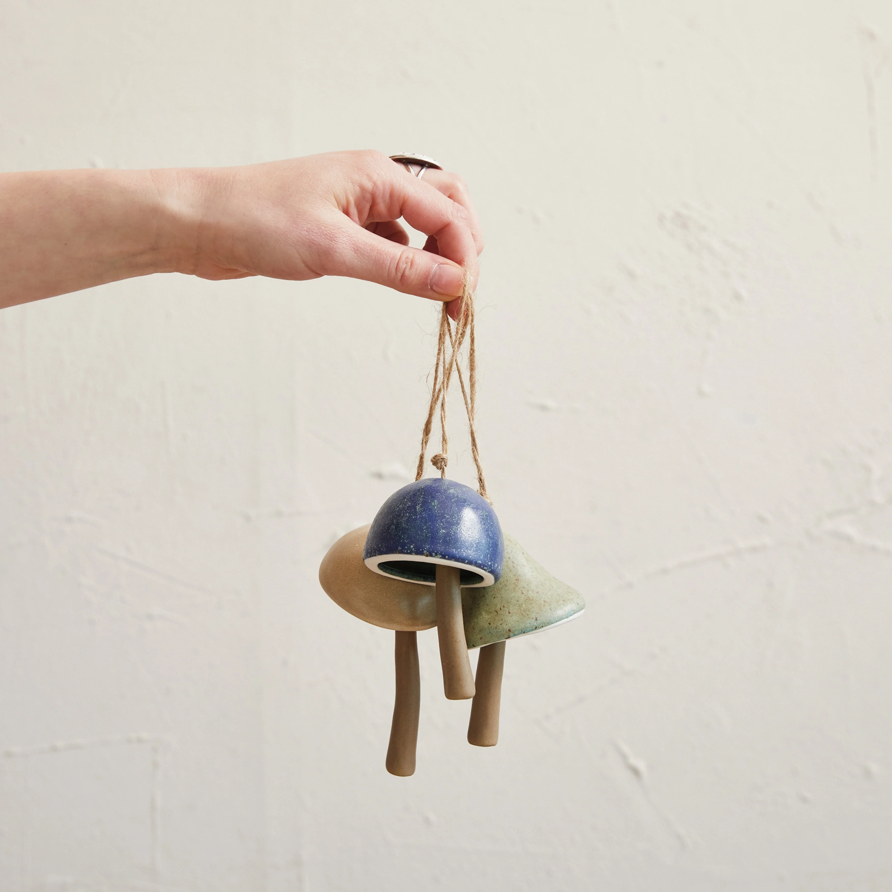 Stoneware Mushroom Bell Ornament with Jute Hanger, Set of 3