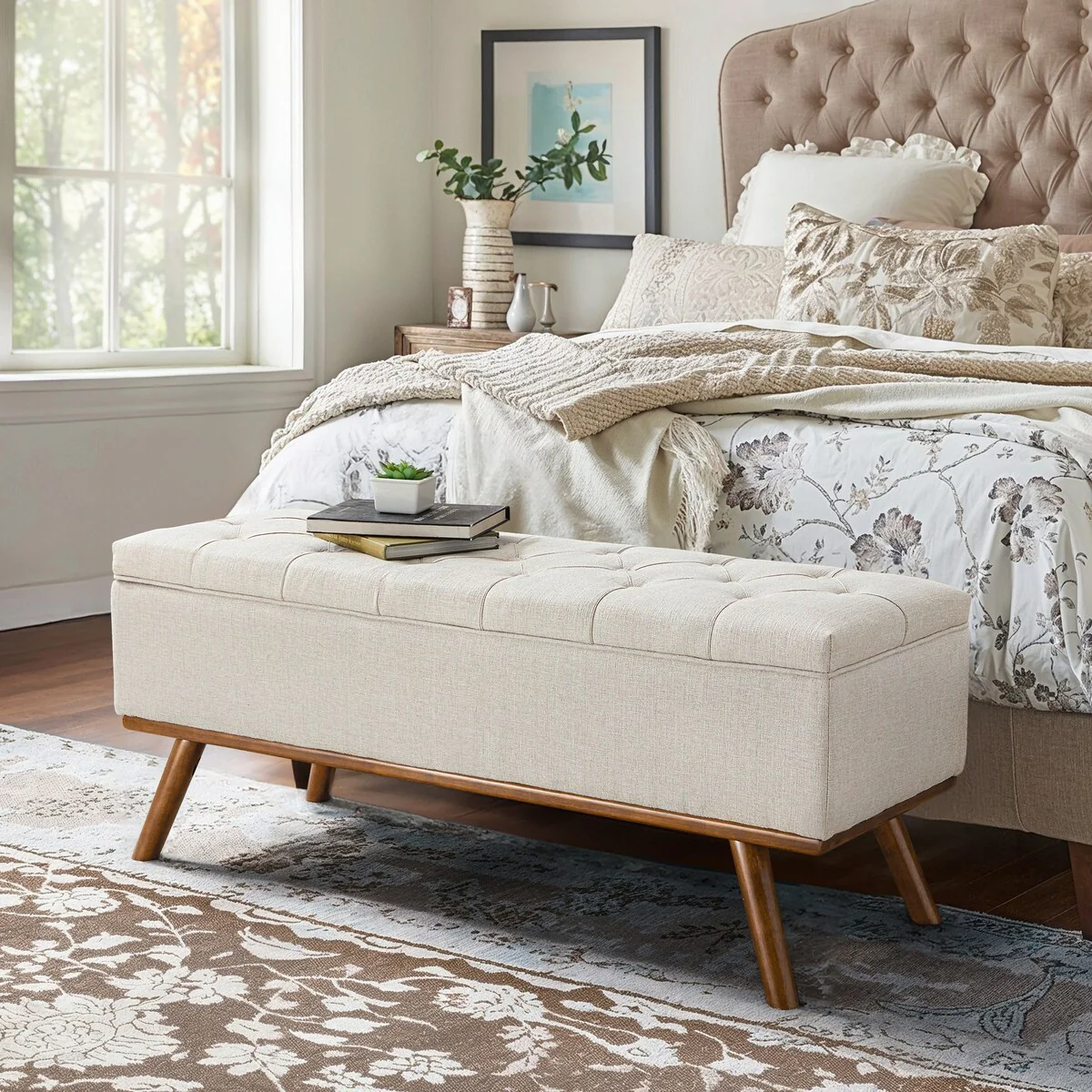 LUE BONA Mid-Century Modern Linen Upholstered Storage Bench with Storage Tufted Fabric Storage Ottoman