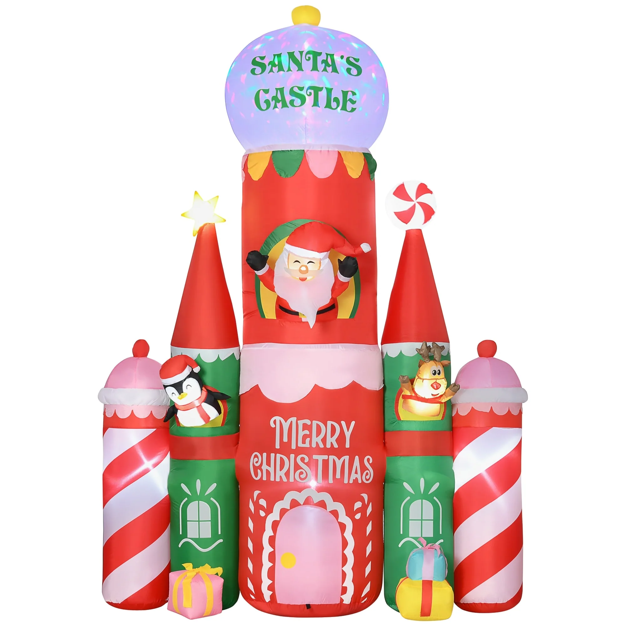 HOMCOM Giant 10ft Christmas Inflatables Decorations Candy Castle and Santa Claus with Colorful LED Light