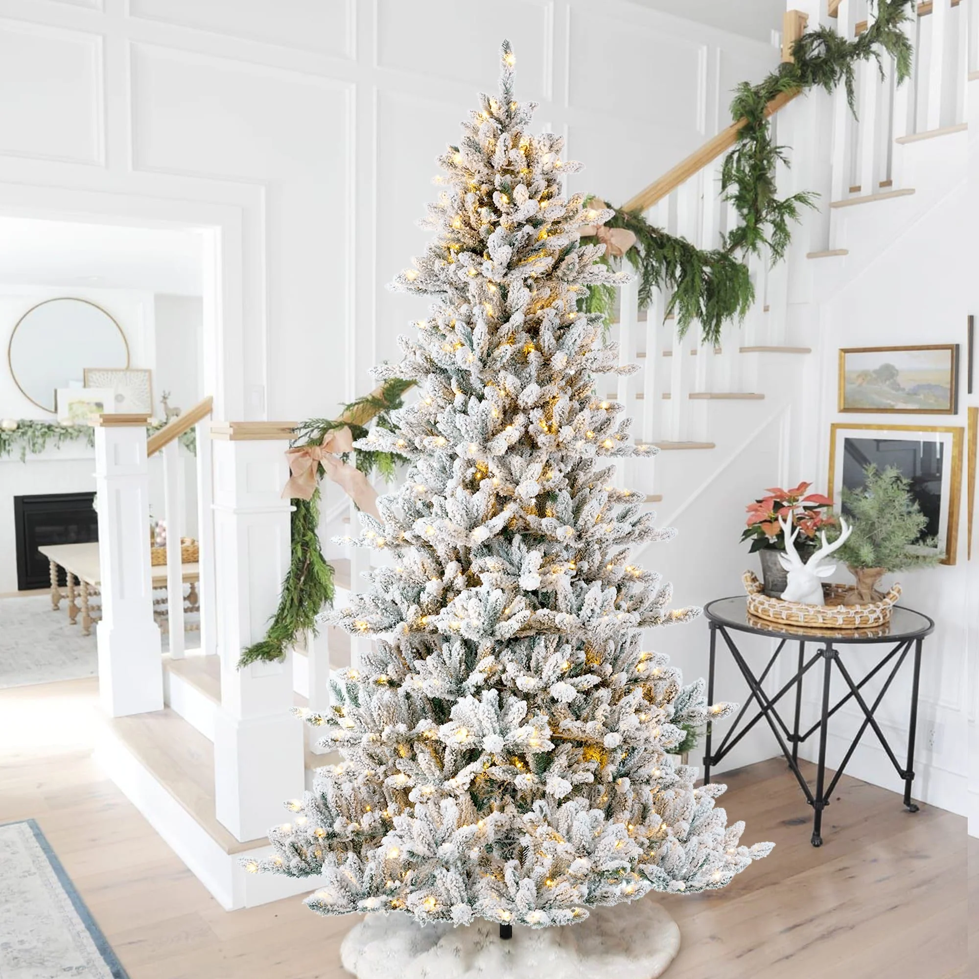 Glitzhome 6FT/7.5FT/9FT/11FT Snow Flocked Pre-lit Artificial Fir Christmas Trees