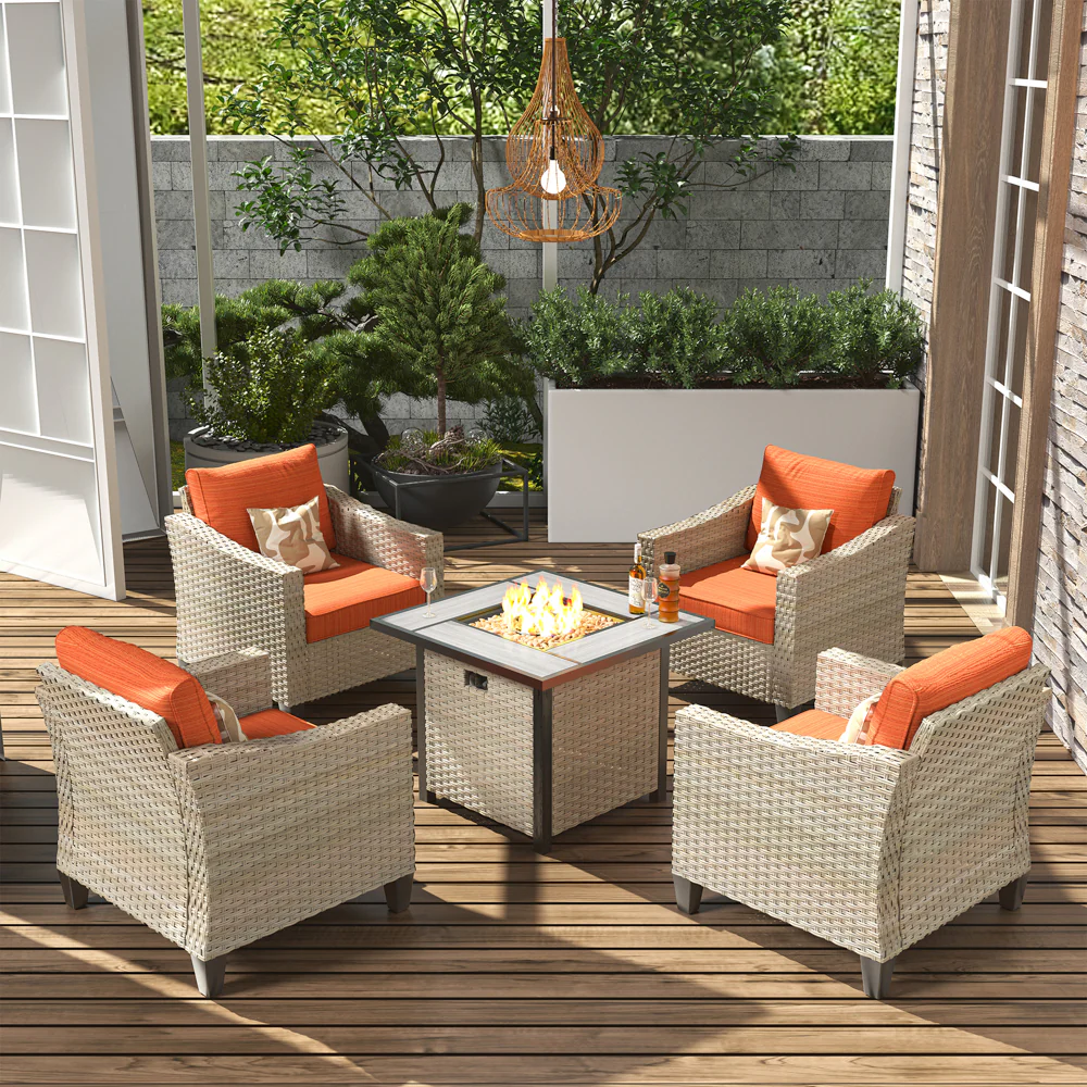 Ovios Athena Series Outdoor Patio Furniture Set with 30'' Fire Pit Table 5-Piece