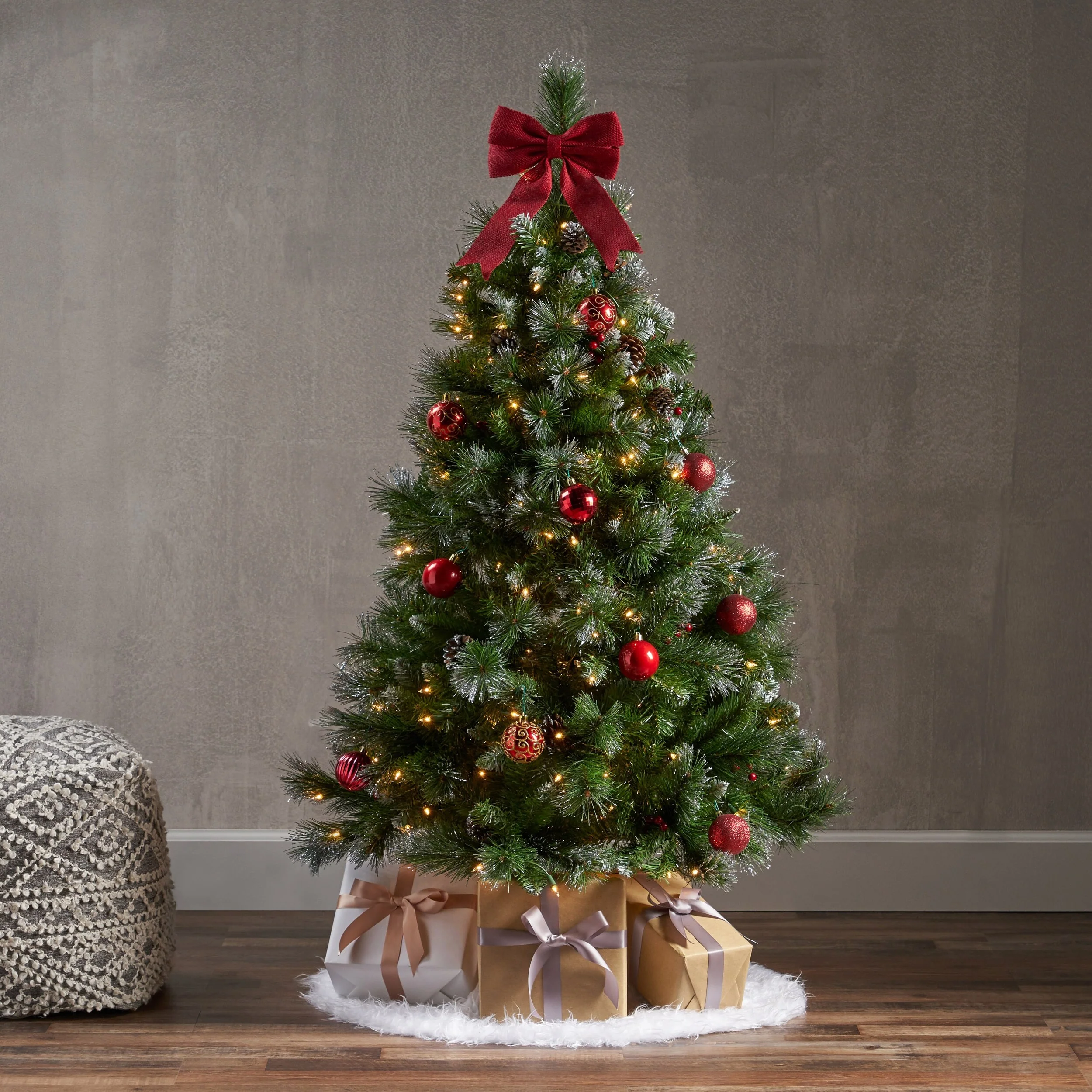4.5ft Glittered Hinged Christmas Tree with Red Berries, Pine Cones, and Clear Lights