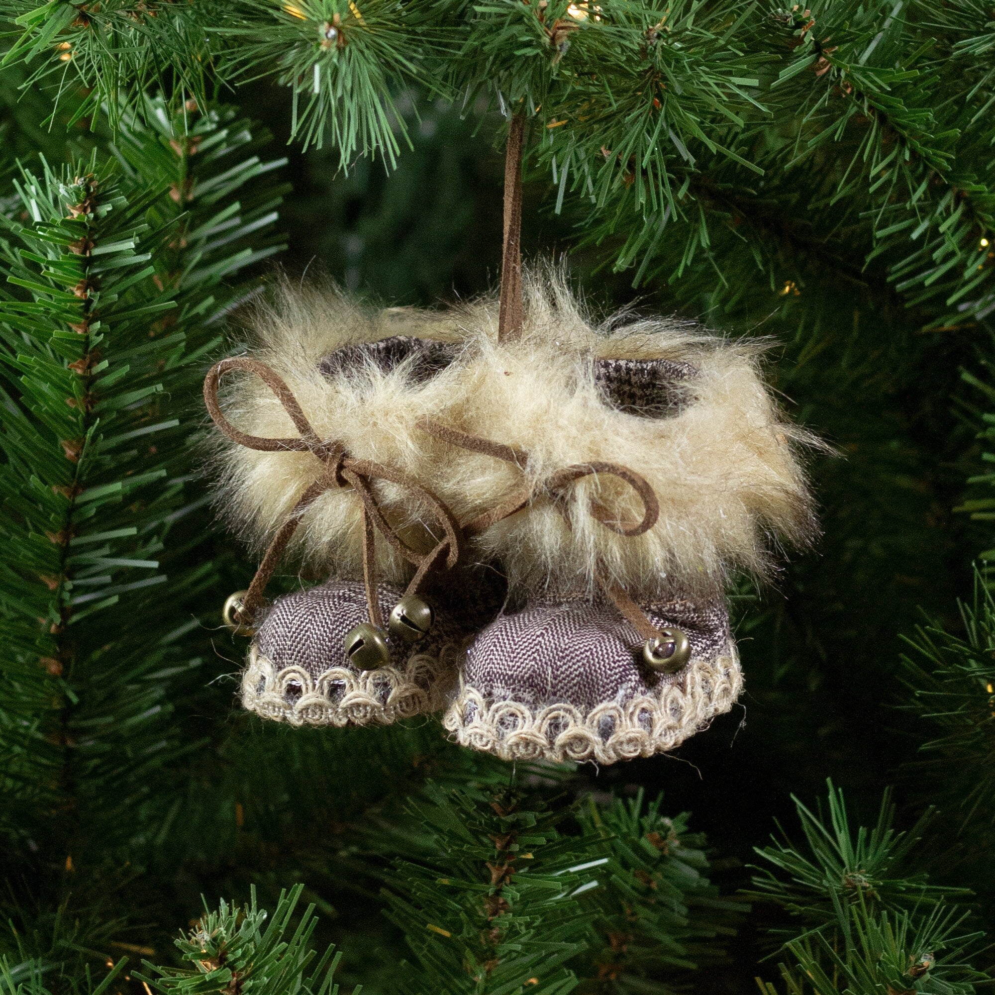 Houndstooth Booties with Faux Fur Trim Christmas Ornament - 3