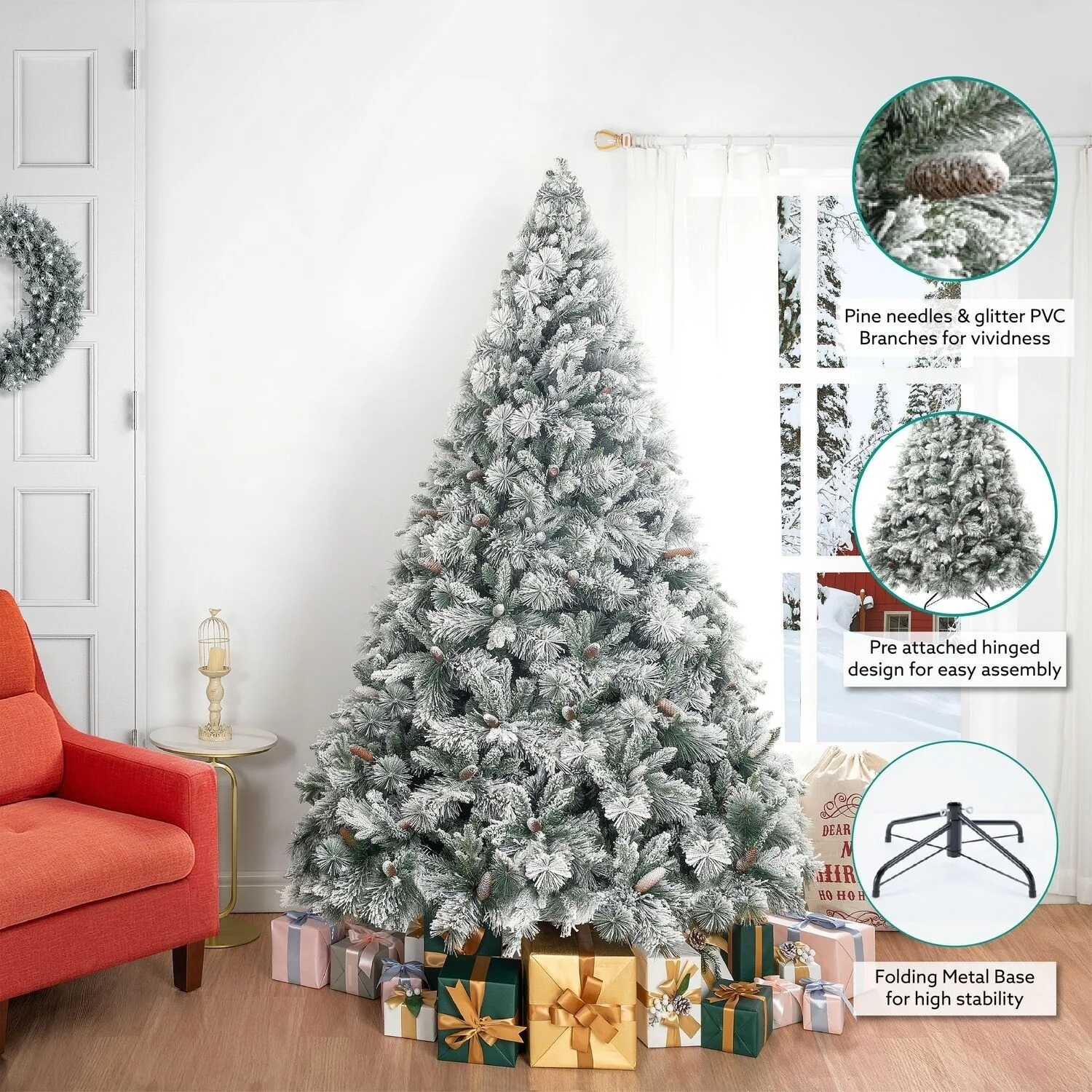 Glasgow Artificial Christmas Tree, Prelit Christmas Tree with Lights, Pine and Hinged White Christmas Trees with Tips