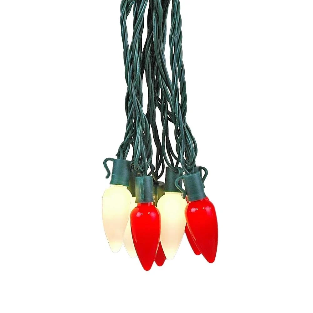 25 Foot C9 LED Ceramic Outdoor Christmas String Light Set, Green, Green Wire