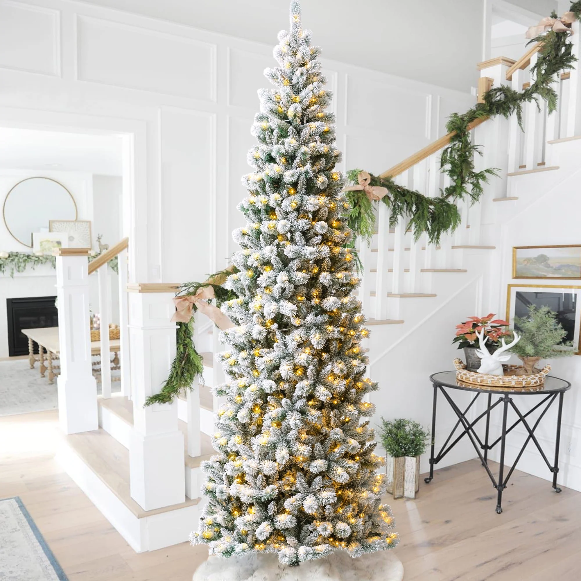 Glitzhome 7.5ft/9ft/11ft Pre-Lit Flocked Multi-color Artificial Christmas Tree with Remote Controller