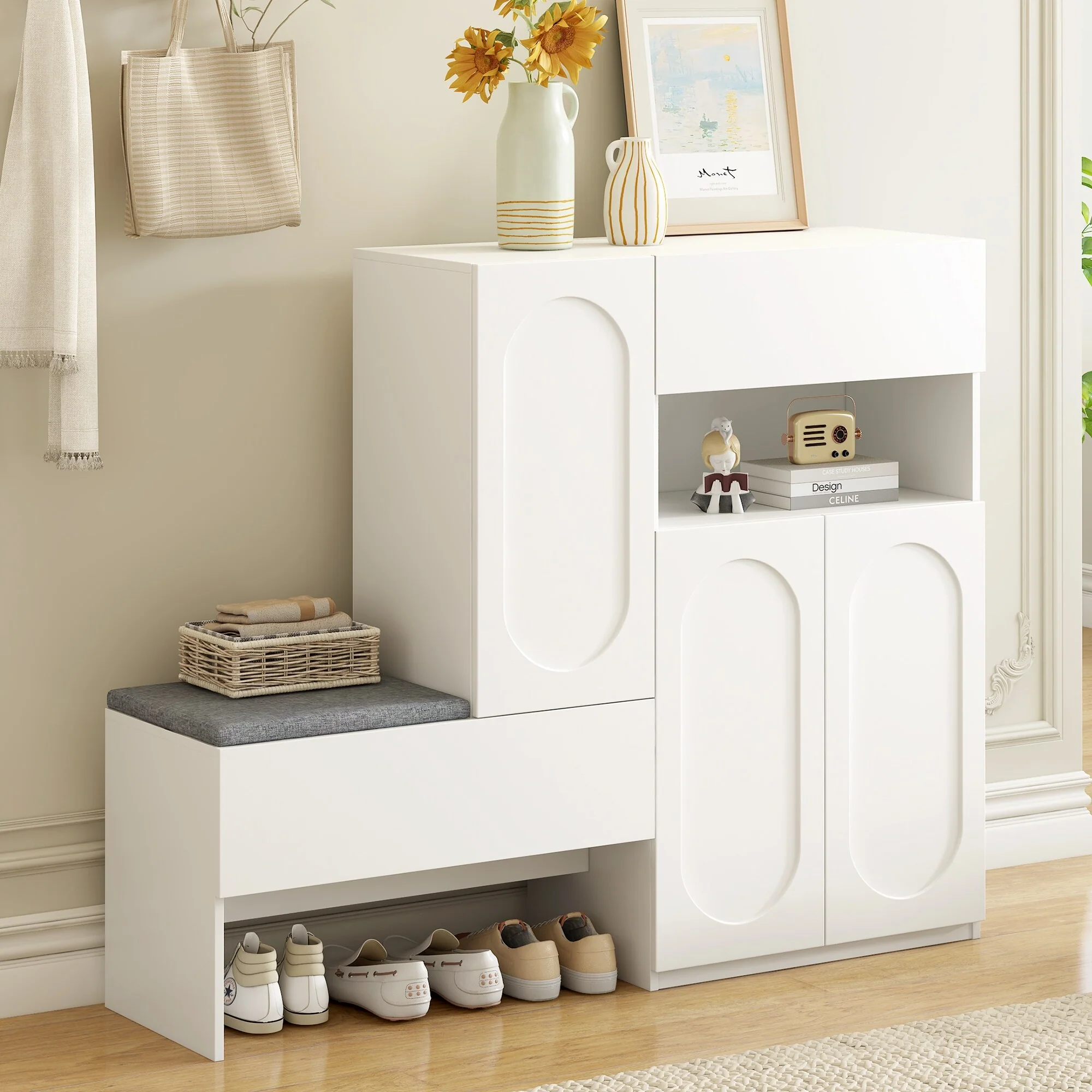 2-in-1 Shoe Cabinet with Bench, Entryway Storage Cabinet, Space-Saving Shoe Rack Organizer with Adjustable Shelves