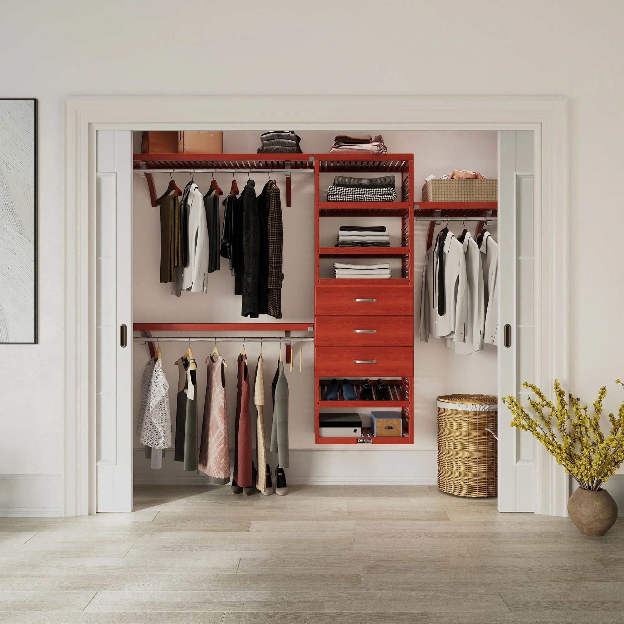 John Louis Home Solid Wood Reach-In Closet System with 3-Drawers Red Mahogany
