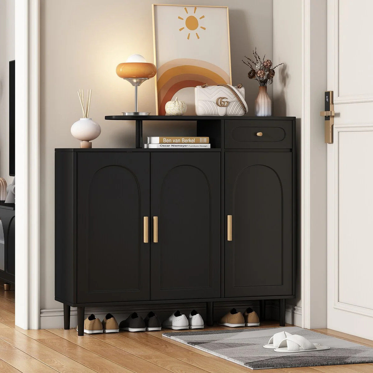 Shoe Cabinet with Arched Doors and Drawer, Cream Style Storage Sideboard with Adjustable Shelves and Solid Wood Legs