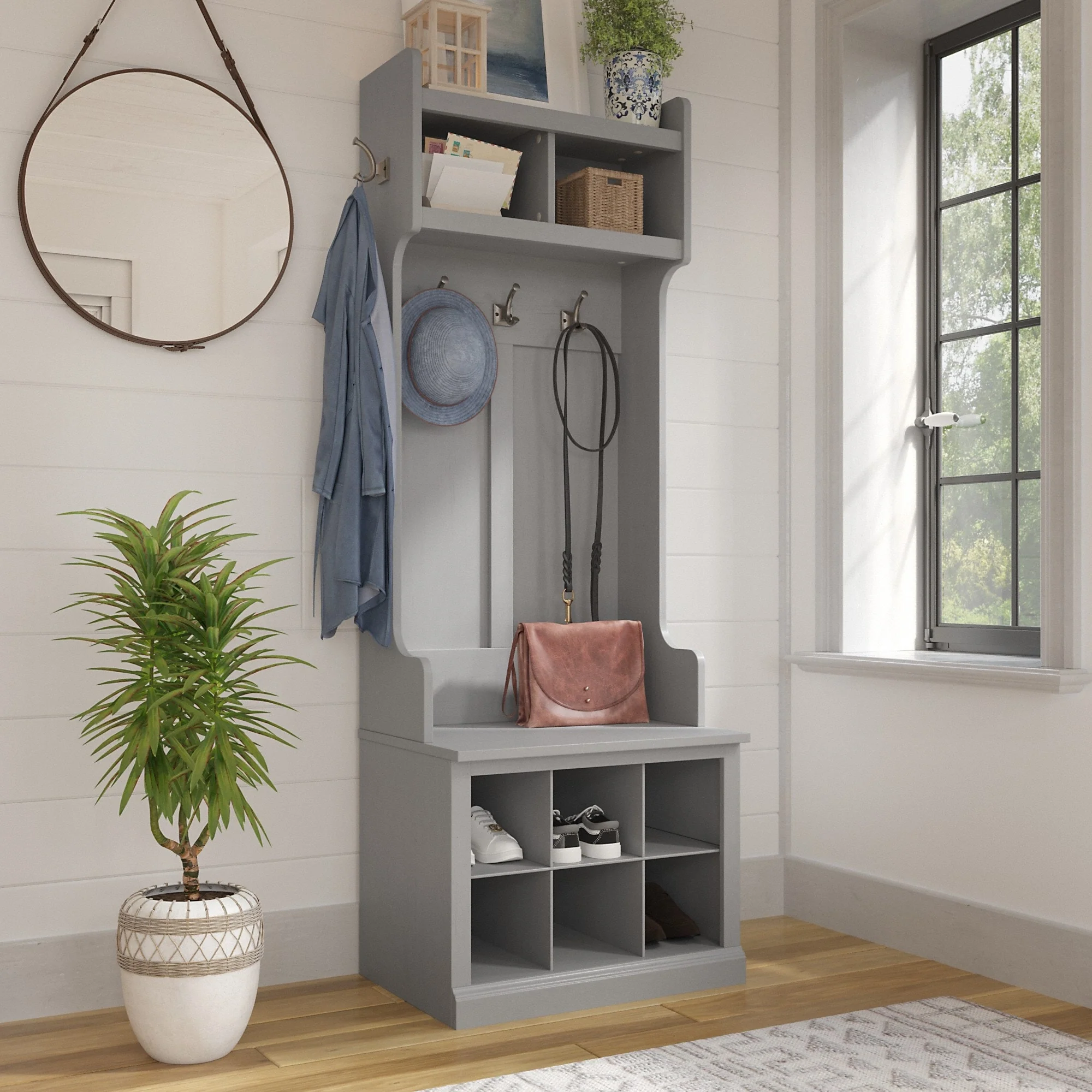 Woodland Hall Tree and Small Shoe Bench with Shelves by Bush Furniture