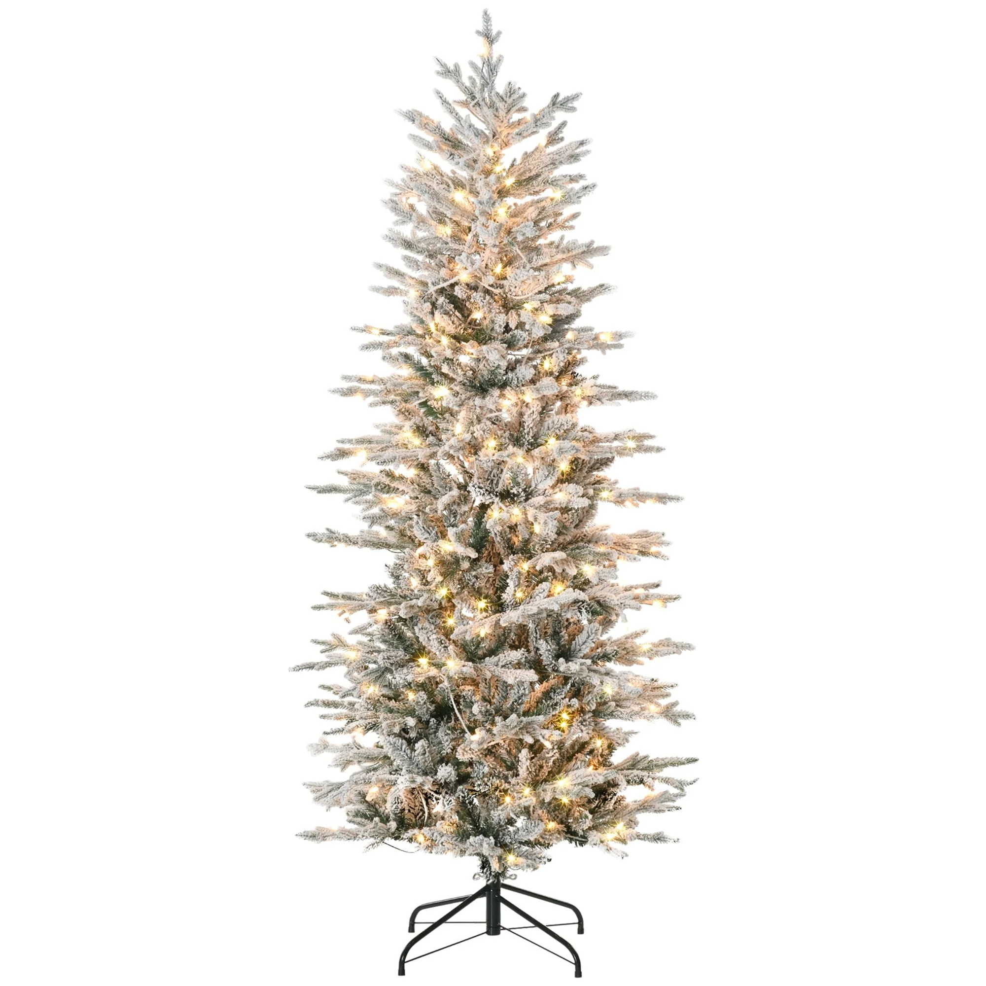 6ft Tall Snow-Flocked Prelit Christmas Tree with 250 Clear Lights, 636 Branches, Auto Open, Extra Bulb