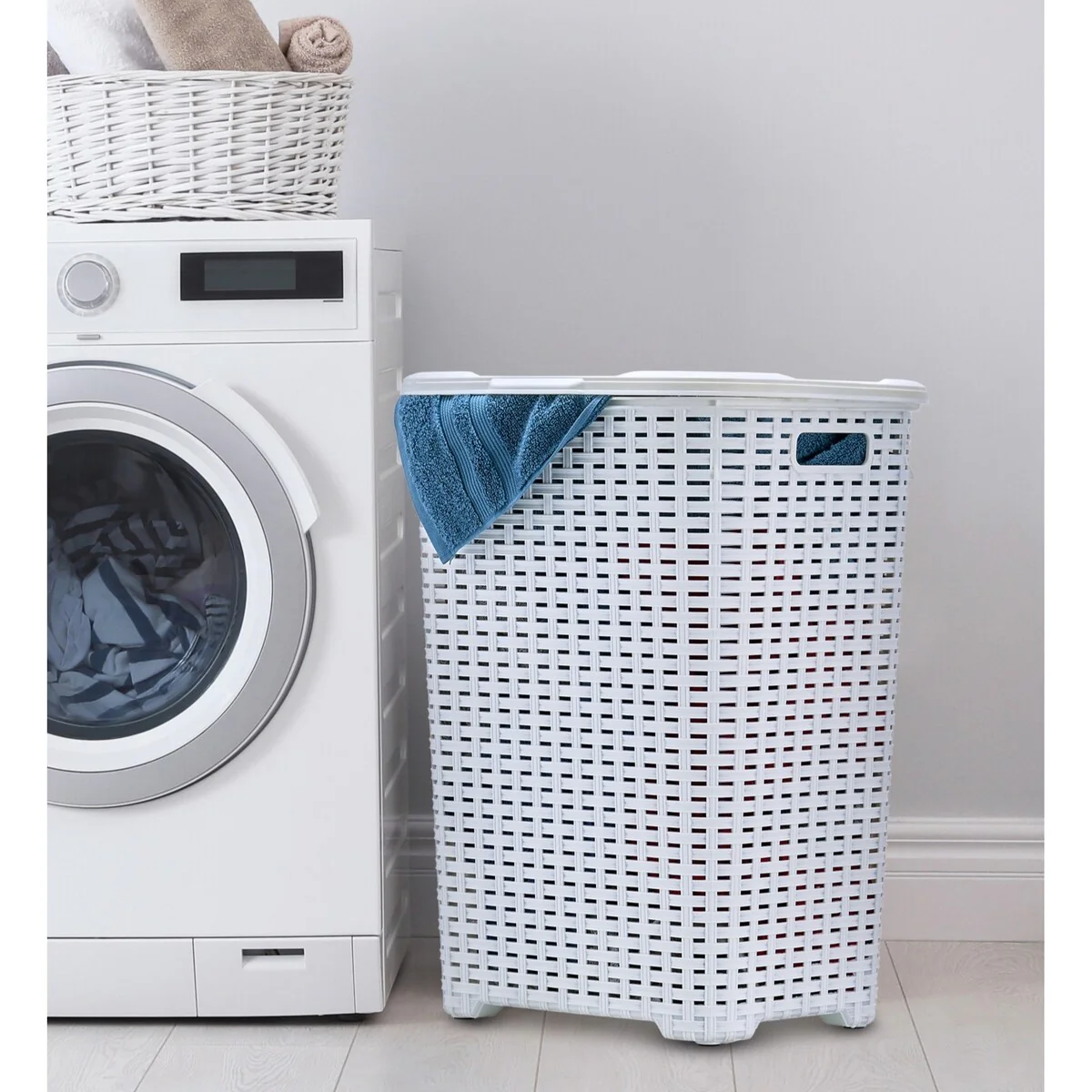 Superio Plastic Wicker Laundry Hamper with Lid Large Capacity - Capacity: 60l