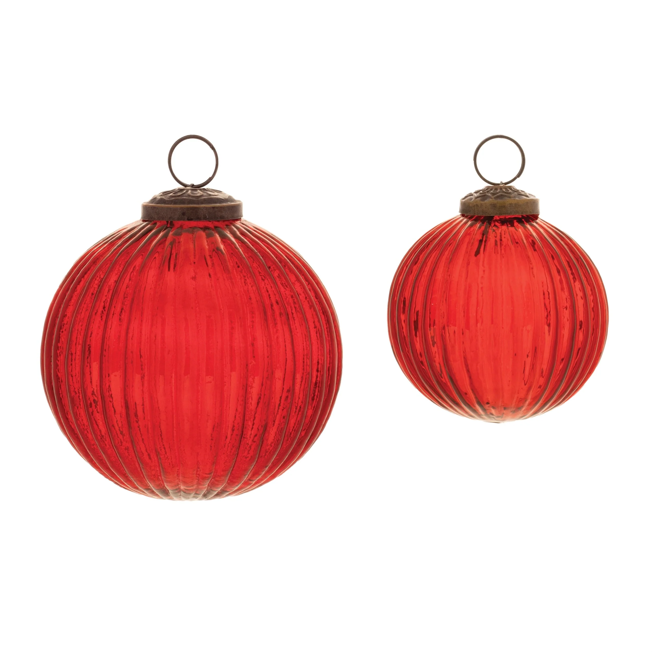 Red Glass Ribbed Ball Ornaments with Brass Caps Set of 12 Holiday Decor - 4” x 4” x 4” (L x W x H)