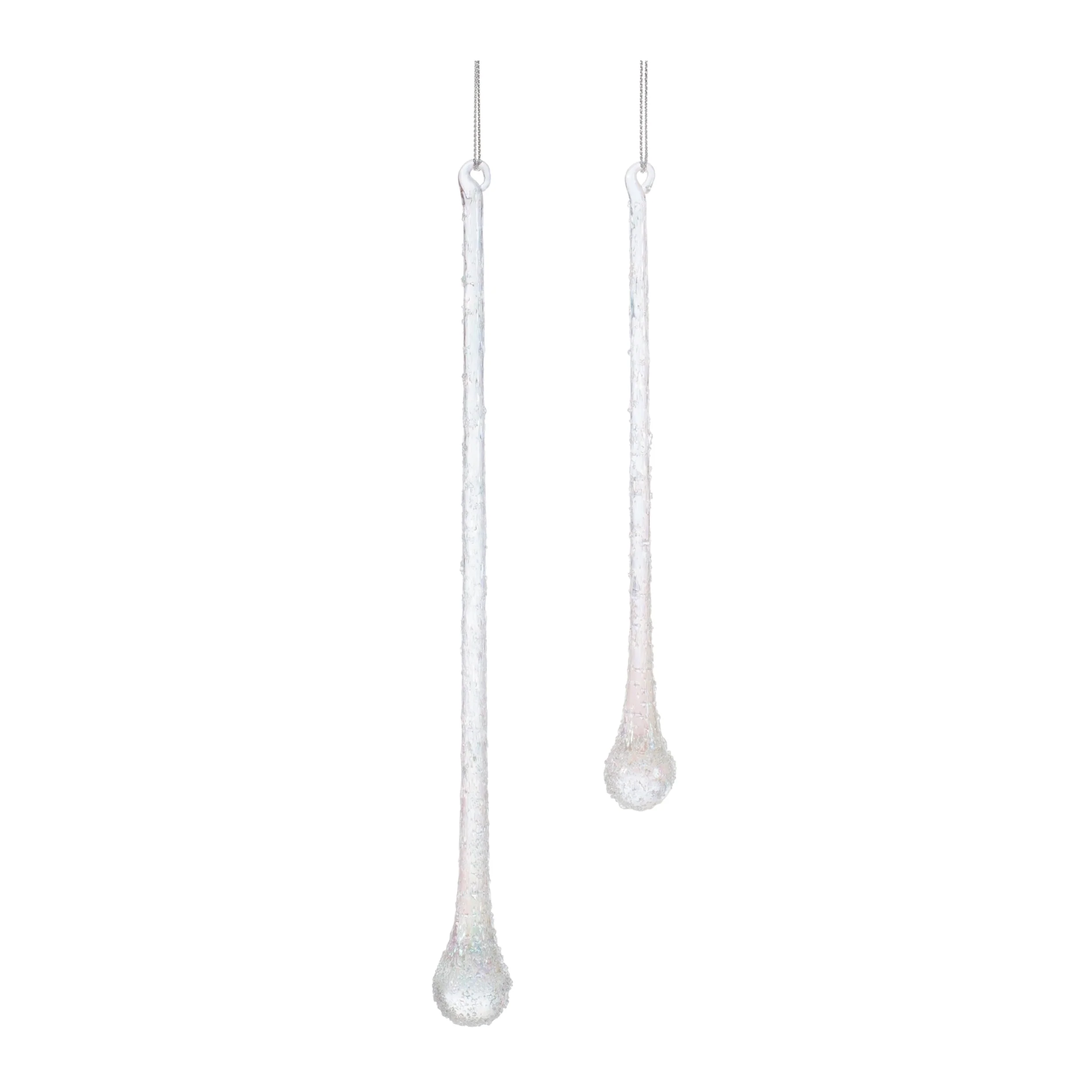 Clear Glass Iridescent Beaded Drop Ornaments Set of 12 with String Hangers - 0.75” x 0.75” x 9” (L x W x H)