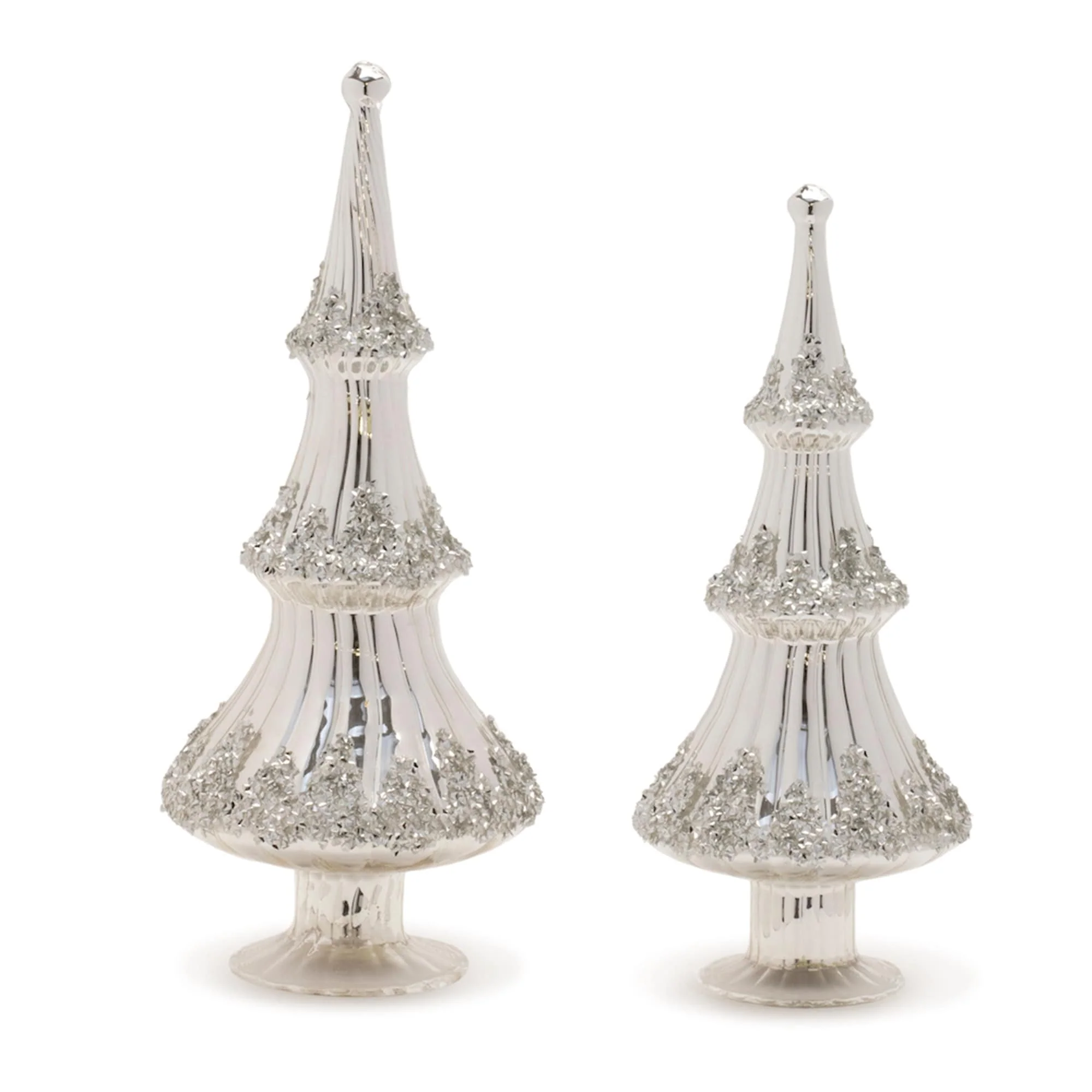 Set of 2 Silver Glass Beaded Christmas Trees Tabletop Holiday Decor - 5.5” x 5.5” x 14”