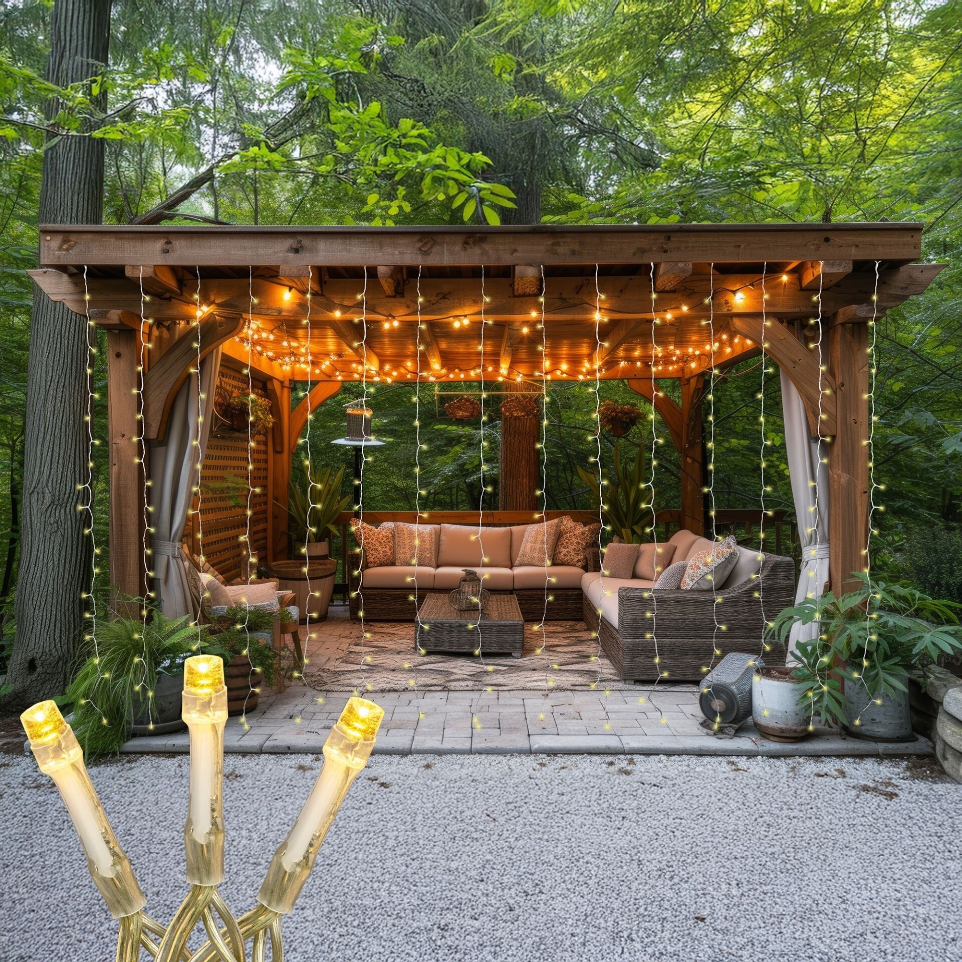 Novelty Lights LED Curtain Light Set, 300 LED Warm White, 8 Function, Clear Wire - Warm White