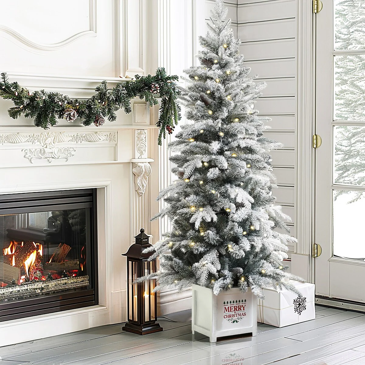 5Ft Pre-Lit Snow Flocked Full Pine Potted Artificial Christmas Tree - 60