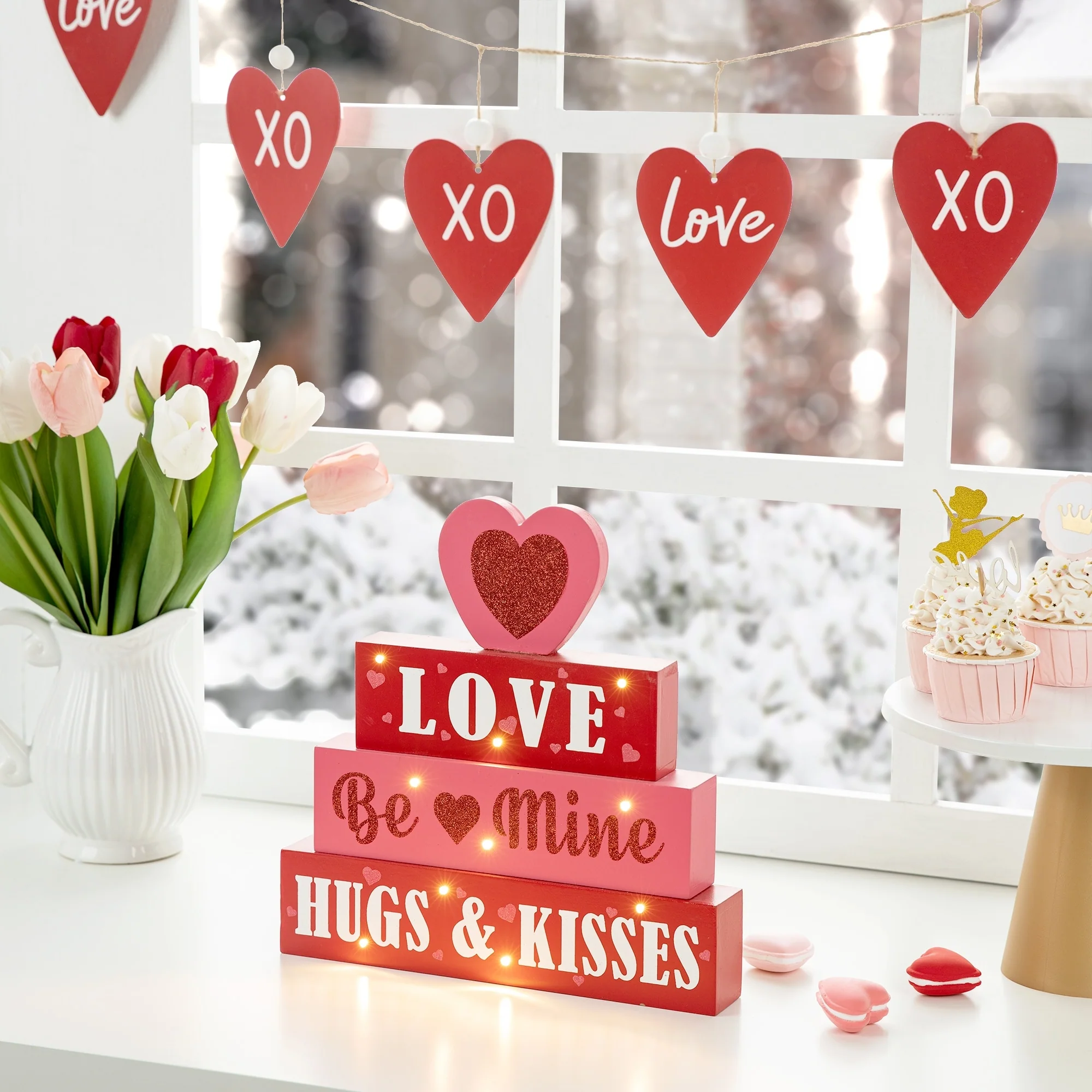 Glitzhome Valentines LED Wooden Block Love Table Decor