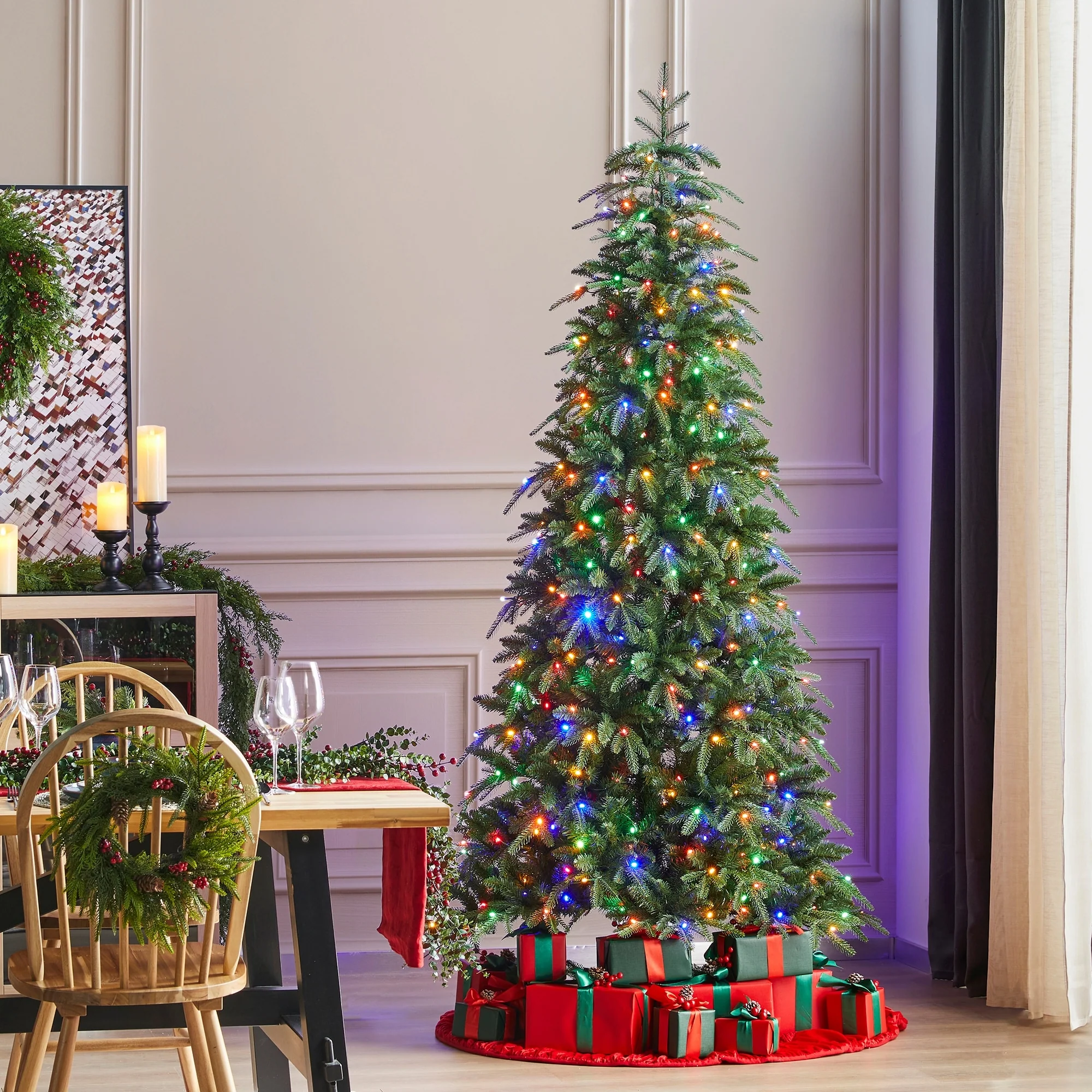Glitzhome 7.5FT/9FT/11FT/15FT Pre-Lit Green Slim Fir Artificial Christmas Tree with Remote Control