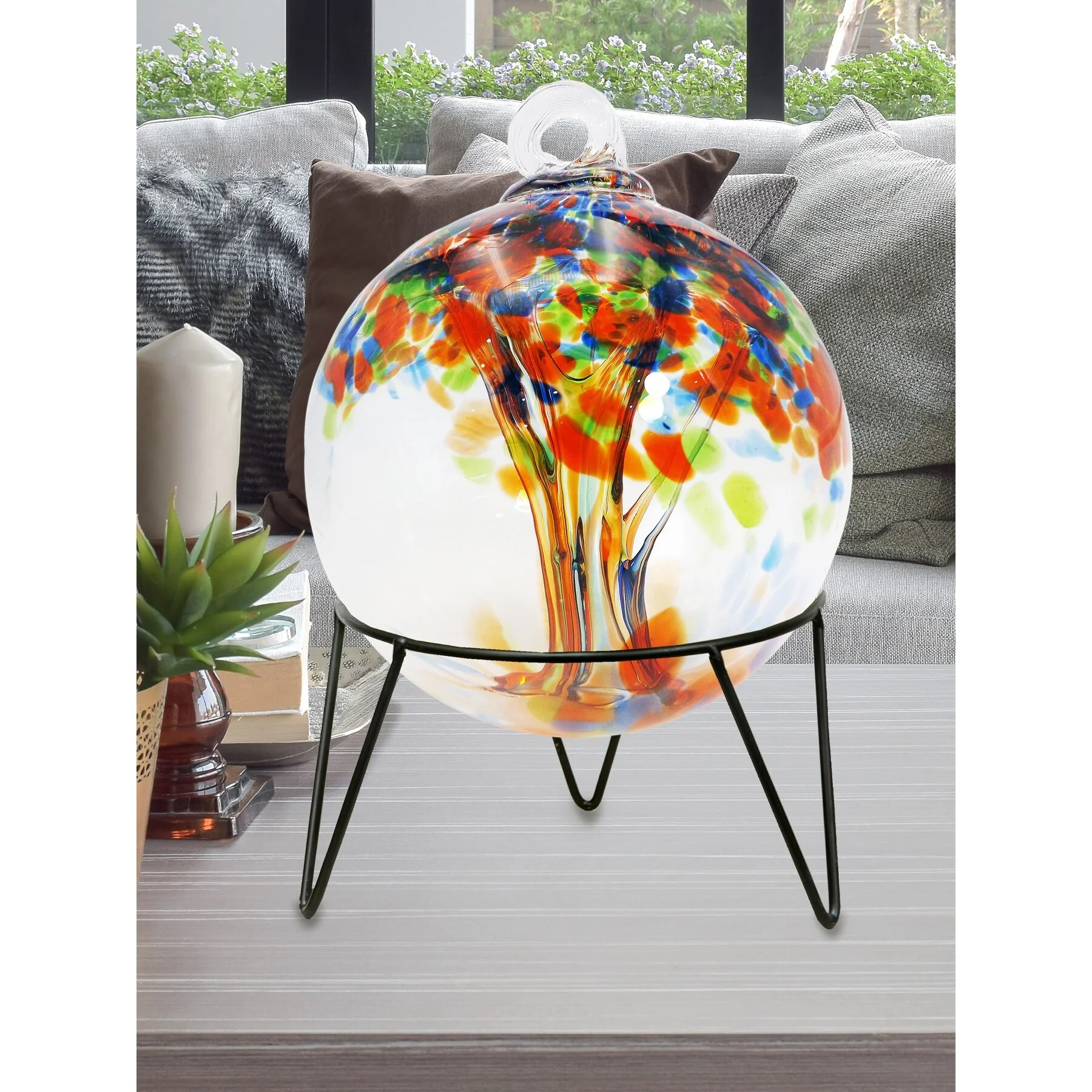 Tree Of Life 8In Royal Hand Blown Glass Ball With Stand