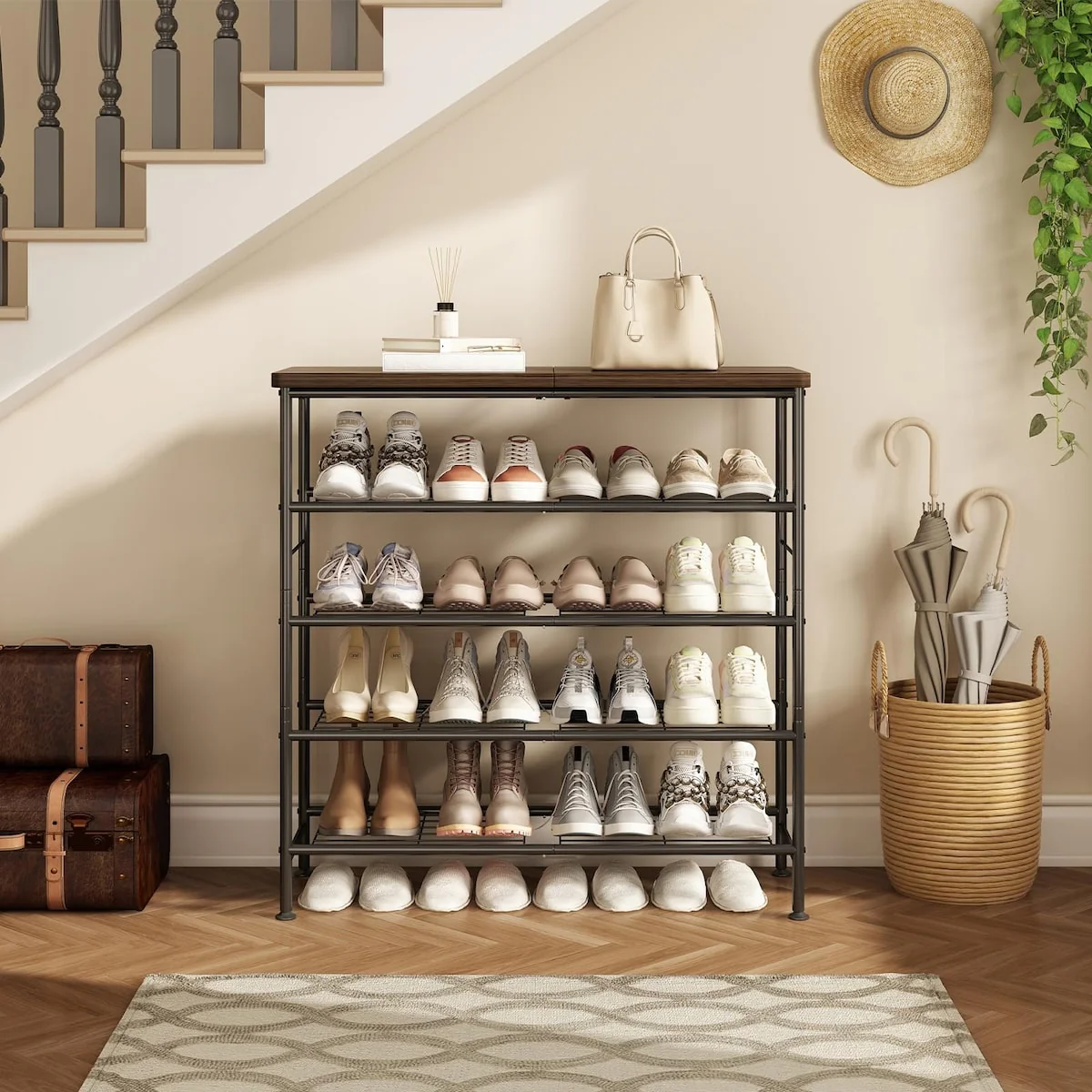 Shoe Rack Organizer 5 Tier for Closet Entryway Free Standing Metal Storage Shoe Shelf with MDF Top Board,Black+Rustic Brown