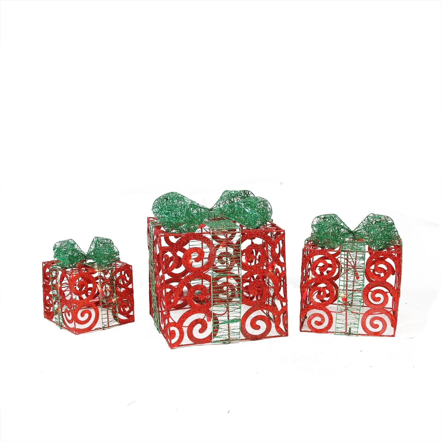 3 Lighted Red Swirl Glitter Gift Boxes Christmas Decorations 10